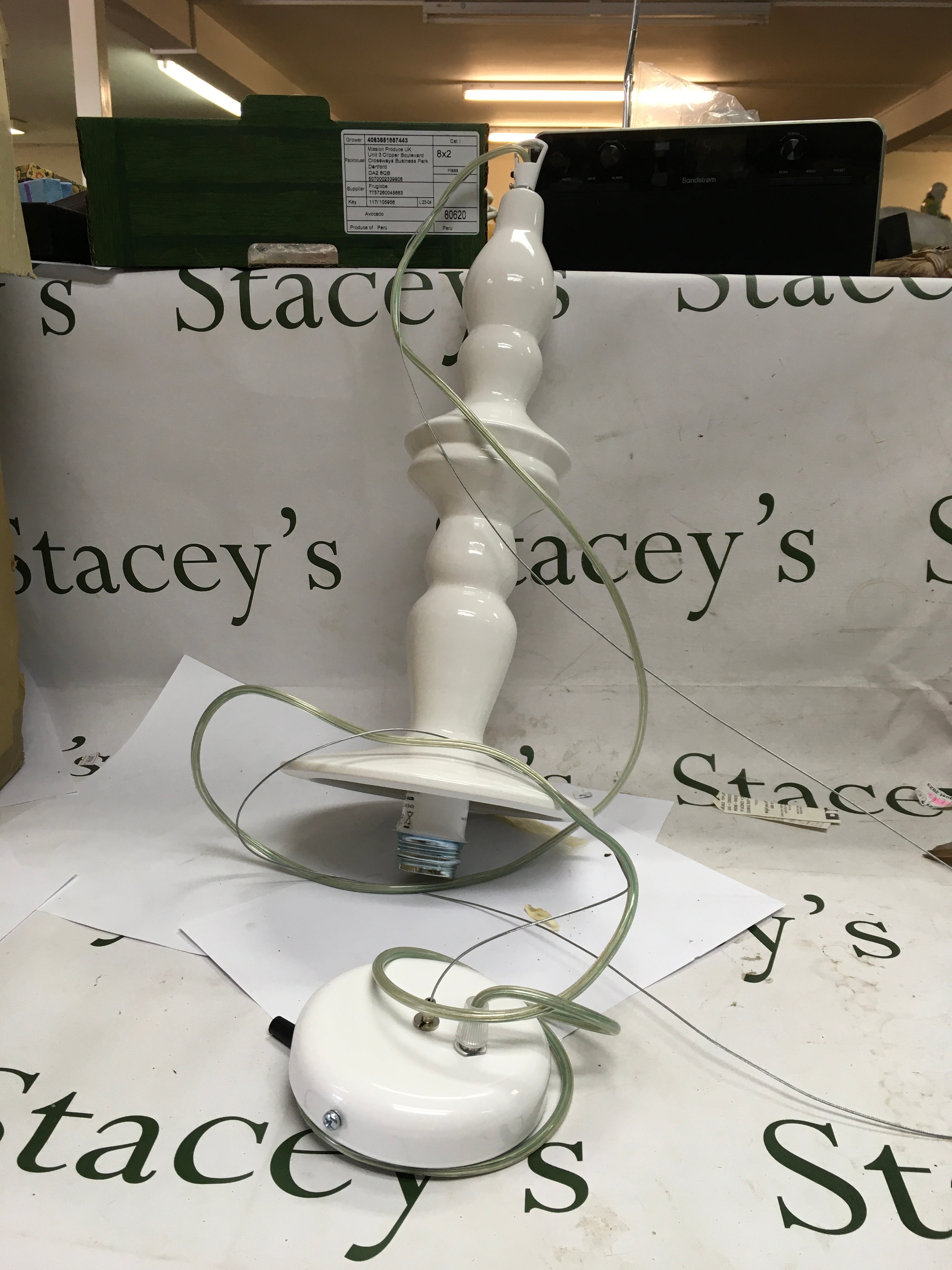 Two identical white ceramic spindle style pendant hanging lights