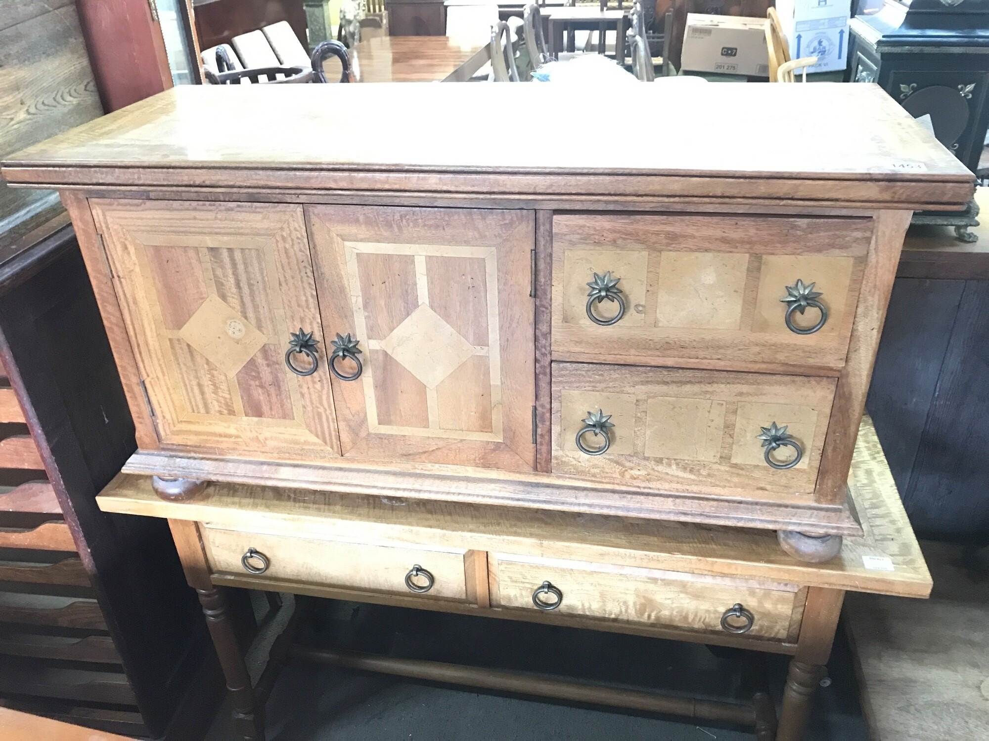 An oak side table (130cm wide, 75cm tall, 45cm deep) with two drawers and another unit (114cm wide, 45cm long, 56cm tall) TO BE SOLD WITHOUT RESERVE