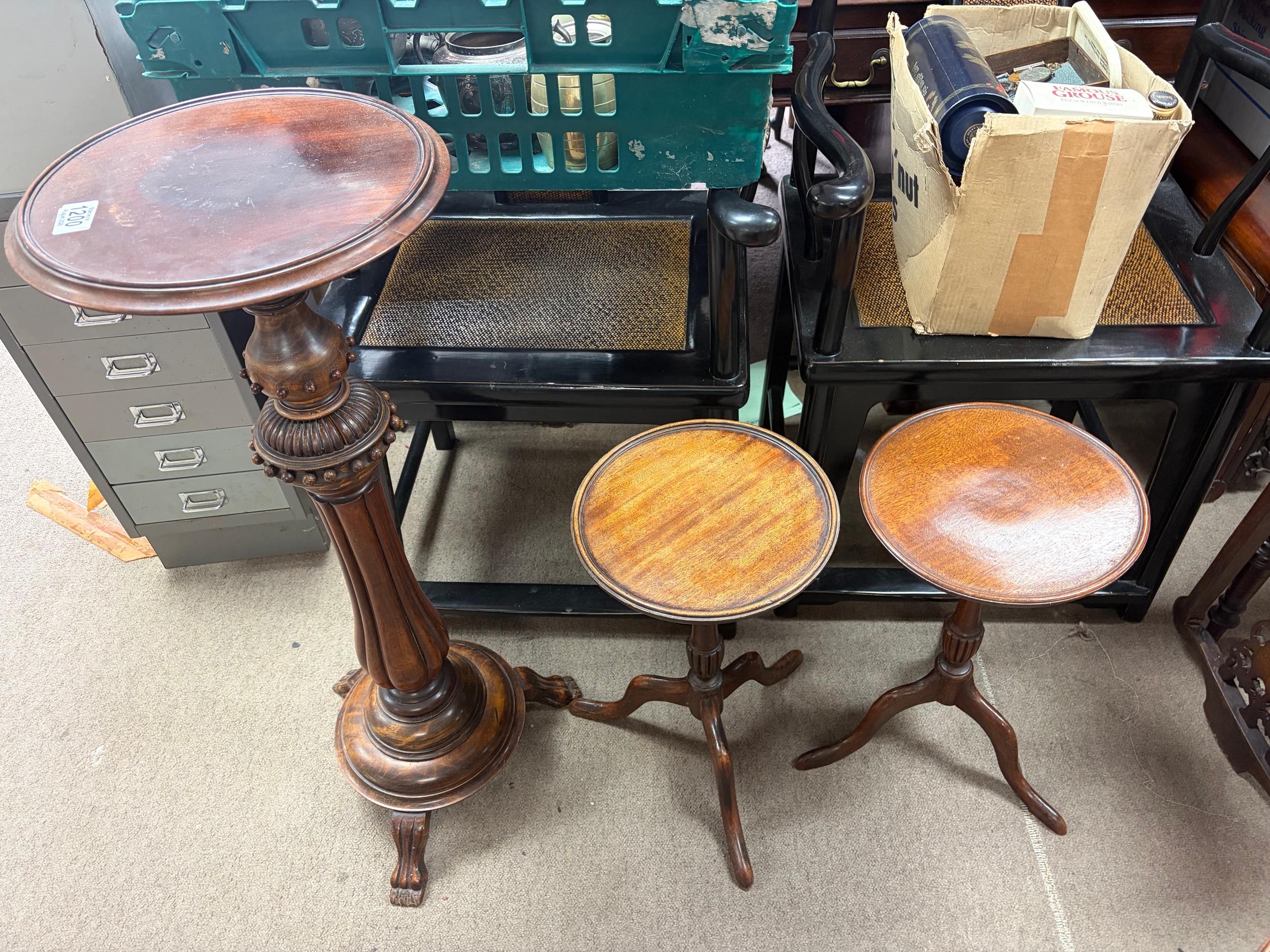 Three Mahogany plant stands and other reproduction occasional tables 