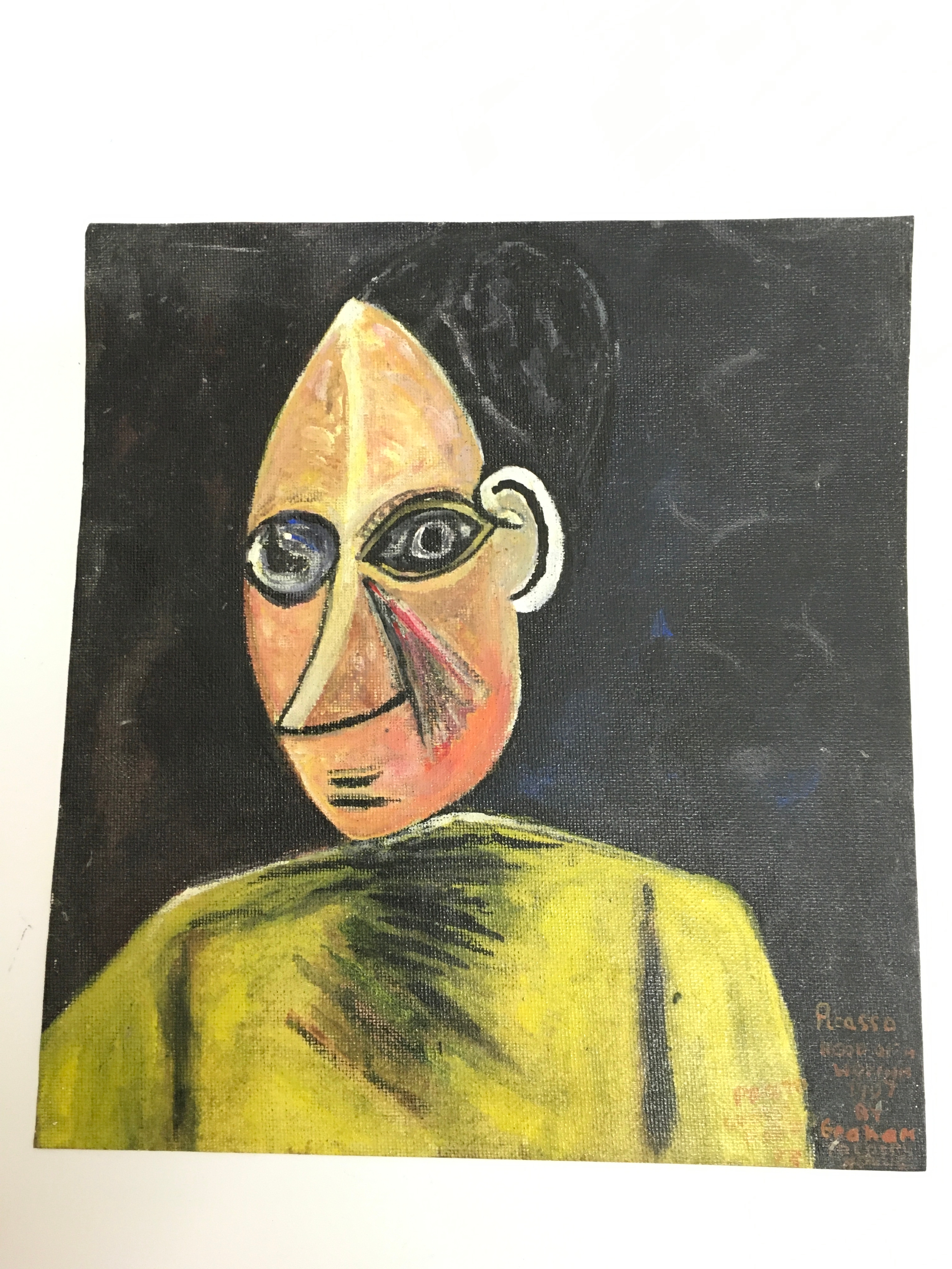 An original painting by Graham Young (The Teacup Poisoner) interpretation copy of 'head of a woman' by Pablo Picasso dated 27 September 1973 stamped to back HM Prison Parkhurst Newport IQW, dimensions 25x28cm.