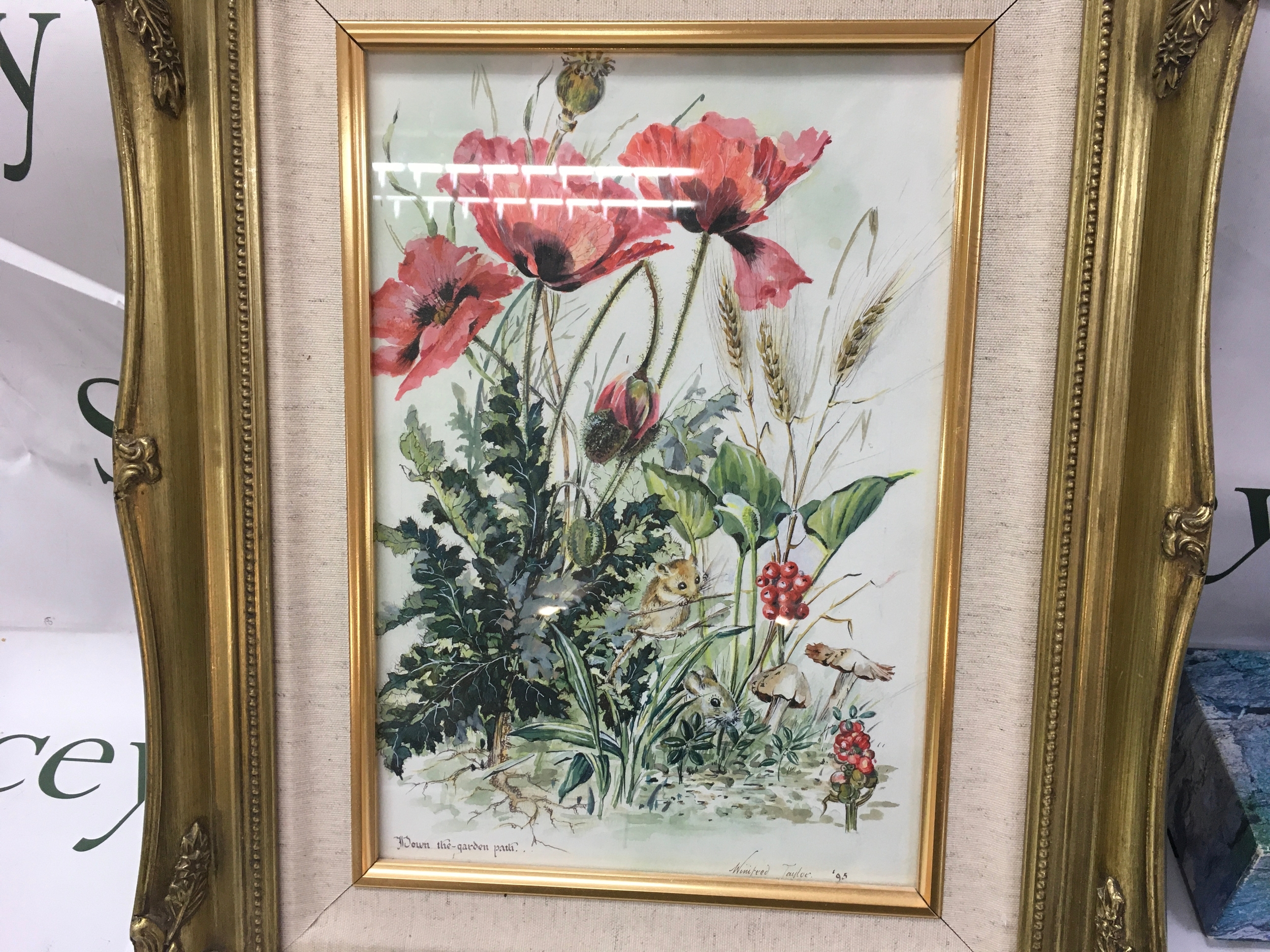 Framed watercolour titled Down the garden path by Winifred Taylor. 15 x 19 inches