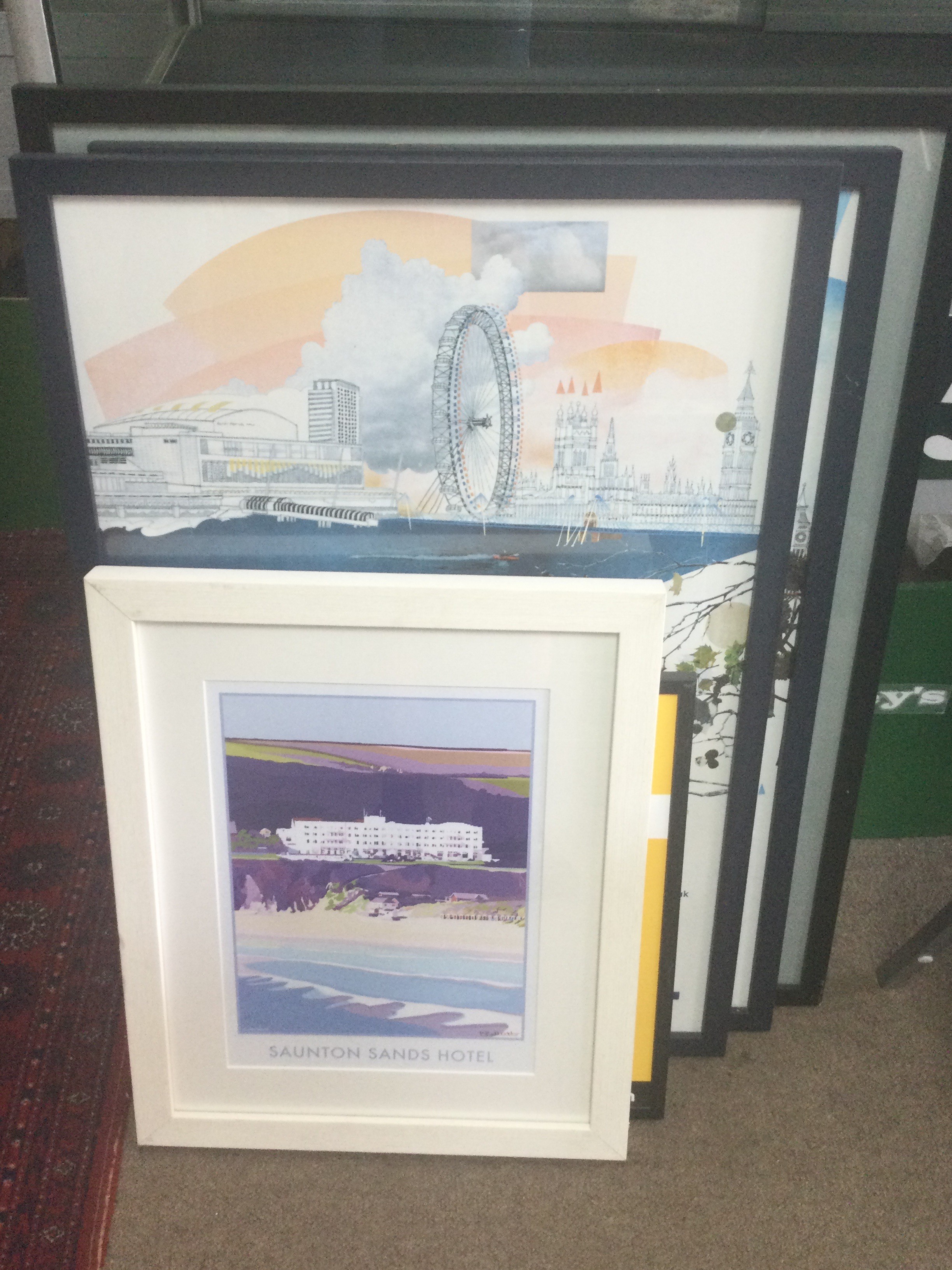Six travel framed posters including a Paddington station limited edition poster print by Andy Tuohy 2012 78/100, Staunton sands hotel limited Edition print poster 65/100 by Becky Bettesworth. Frame dimensions 53x43cm and 82x66cm