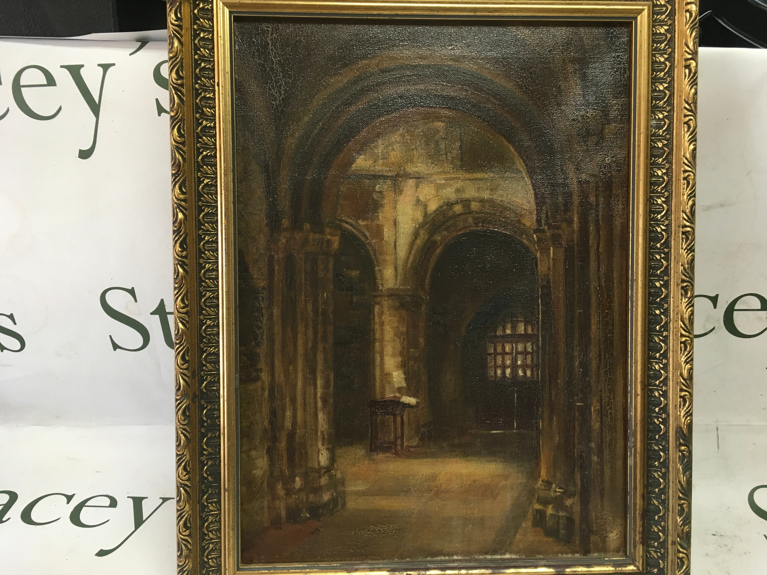 Oil on board of archway and lecturn 37 cm x 27 cm. Unsigned.