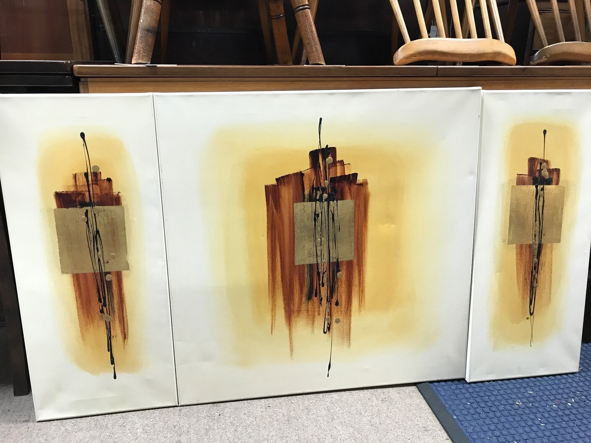 A Stiliana Alexieva triptic oil painting 2005 "Sunshine". Dimensions 30cm wide, 70cm tall, 70cm wide , 70cm tall.