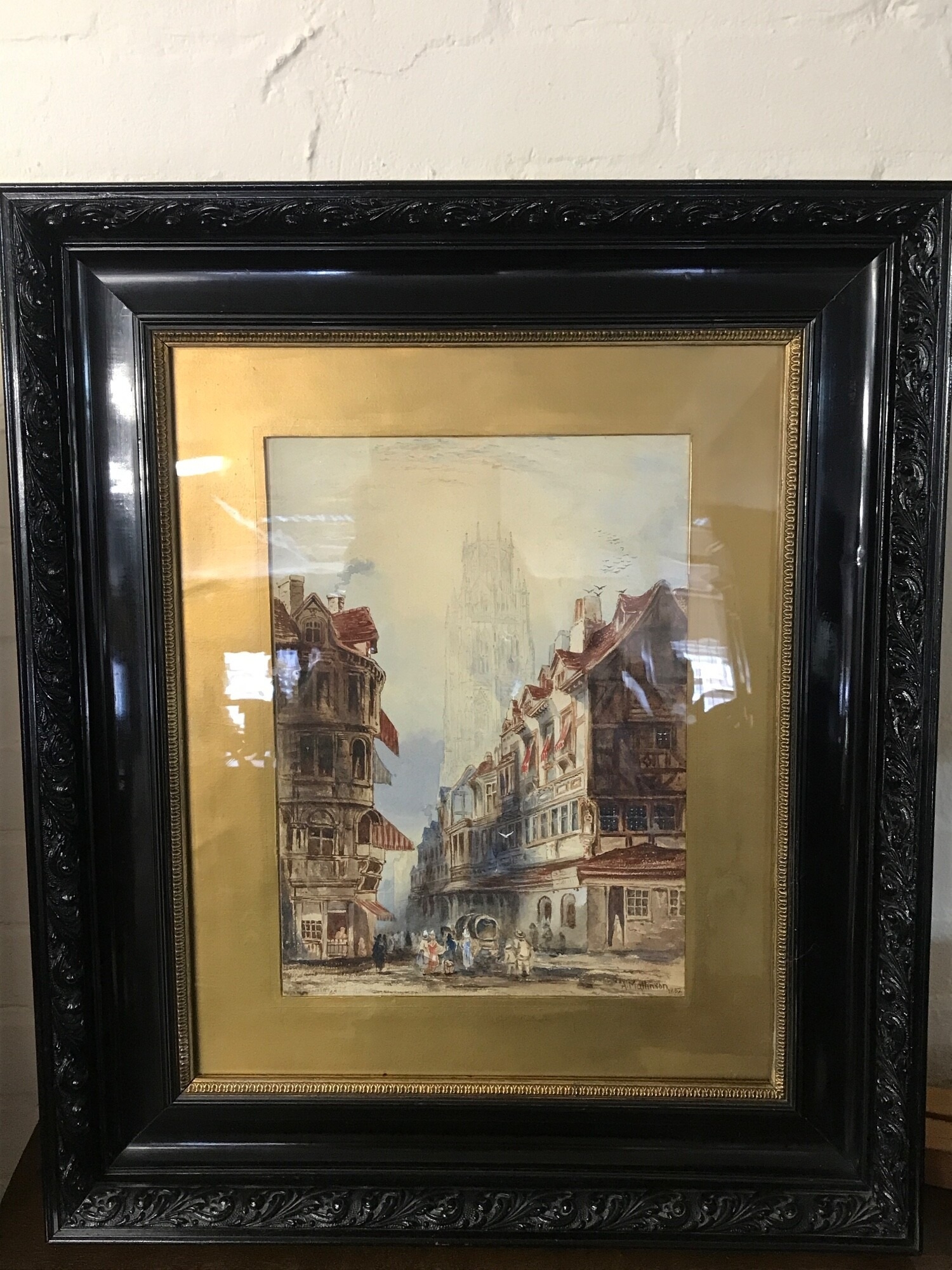A 19th century watercolour street scene signed A. Mattinson 1882. Picture 28x38cm Frame 57x67ccm