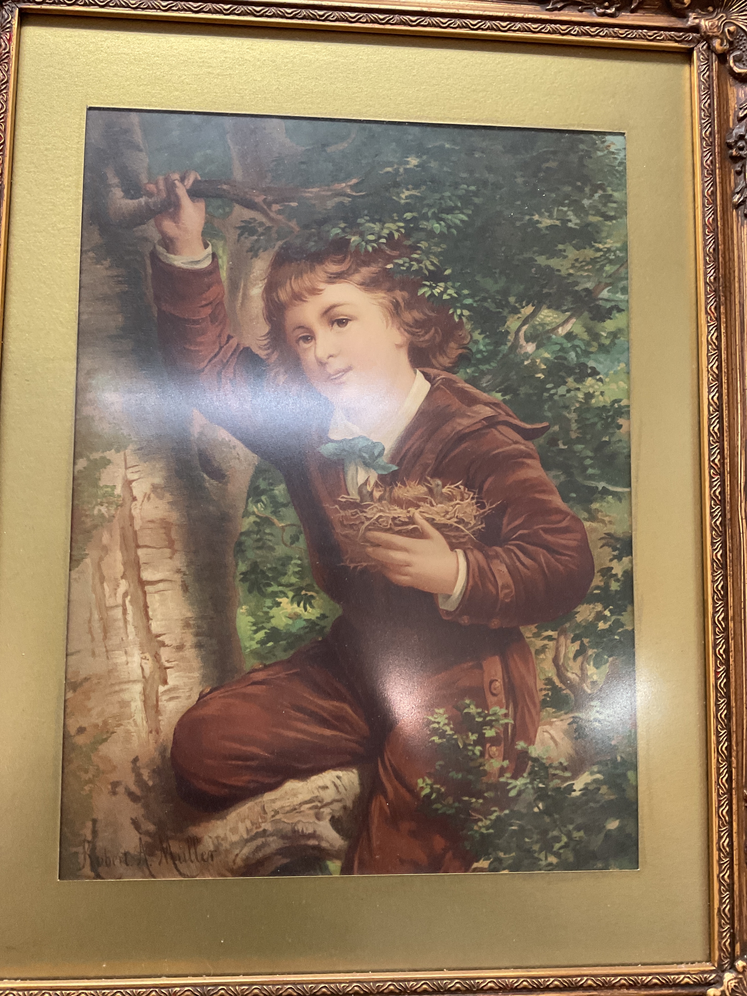 Two large framed prints. One a Pears image of boy with nest, the other by Wilkinson of ship by a fort. 34 cm x 47 cm , 30 cmx 53 cm.