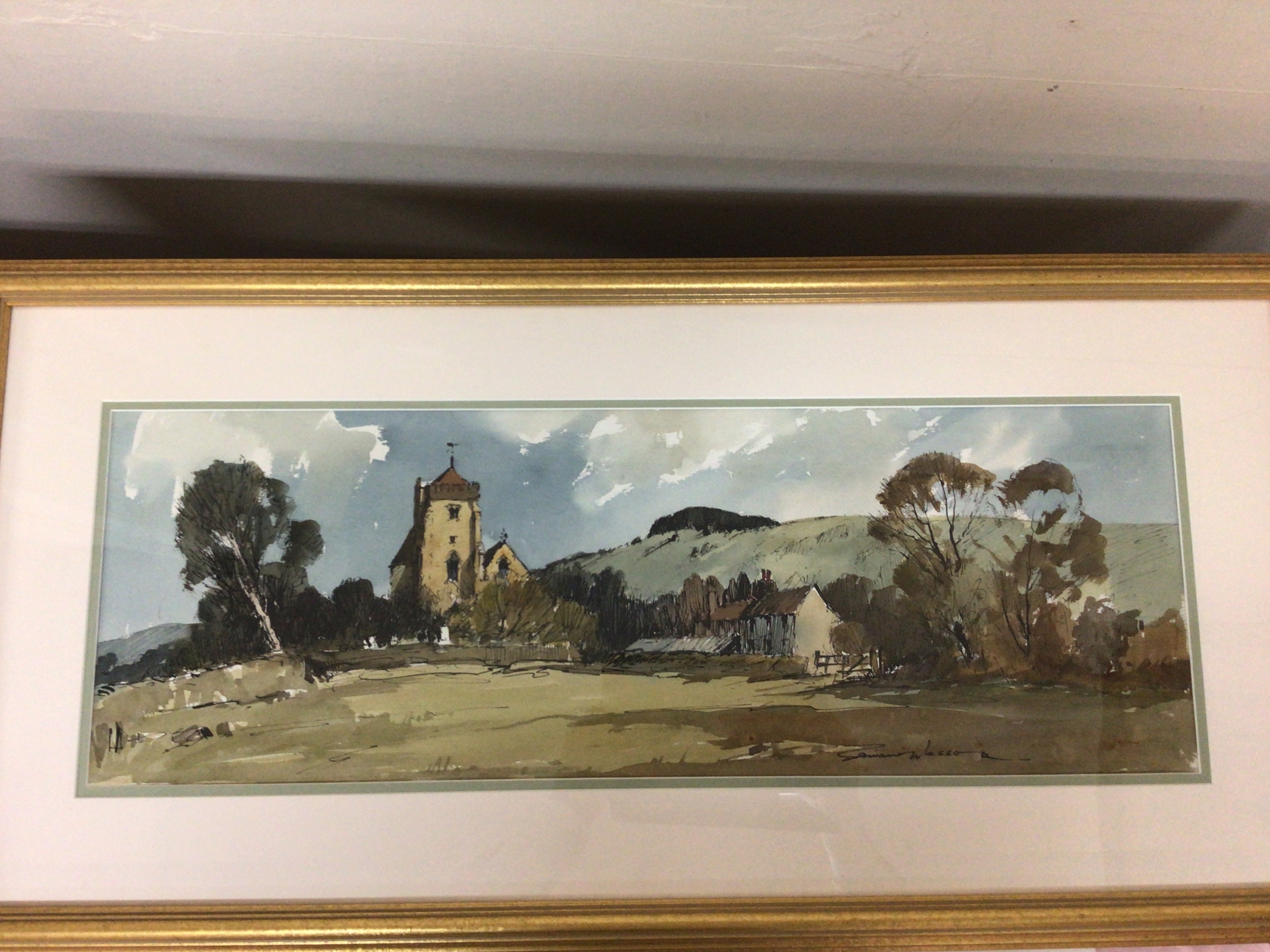 A Pair of framed watercolour by Edward Wesson RI RBA RSMA (1910-1983)  views of Sussex the reverse with exhibition labels, 45x90cm 