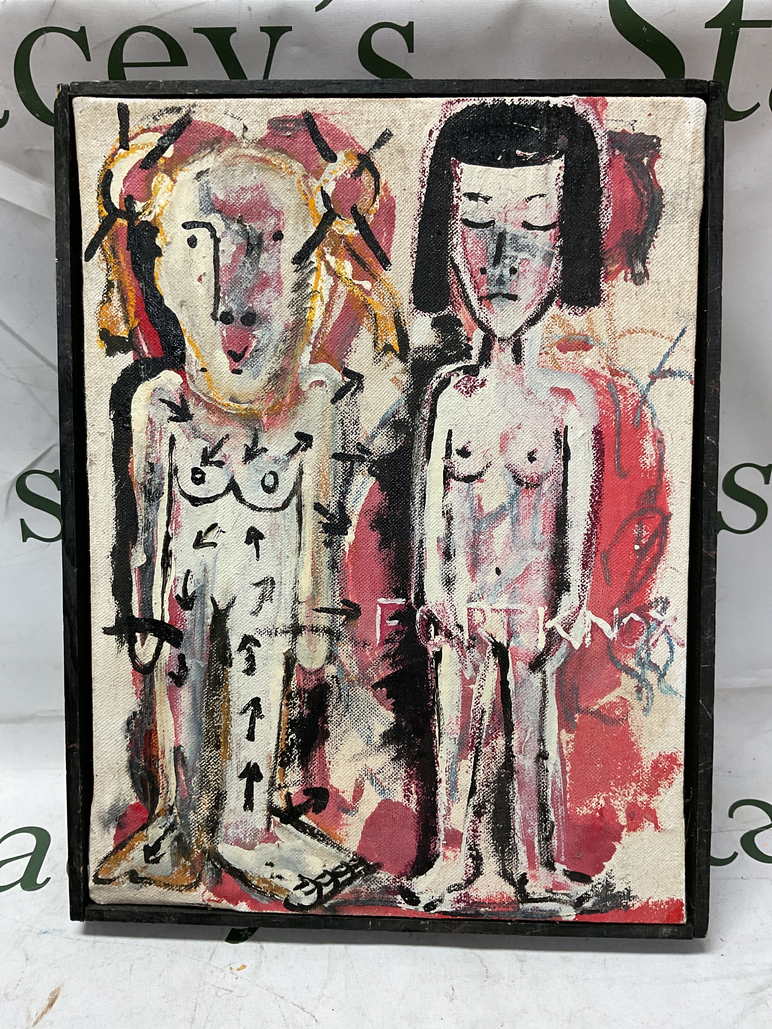 Joel S Dickens (1974-) "you're just a household object", oil, acrylic and spray paint on canvas, 26cm x 34.5cm.