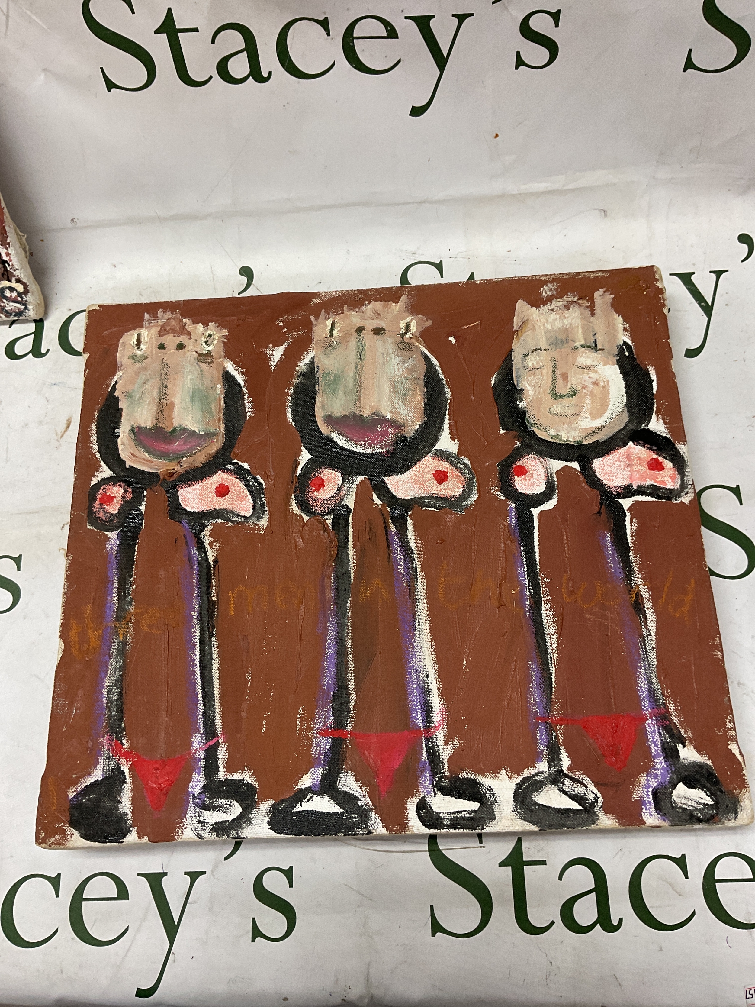 Joel S Dickens  (1974-), "Three men in the World", 35 cm x 39cm.