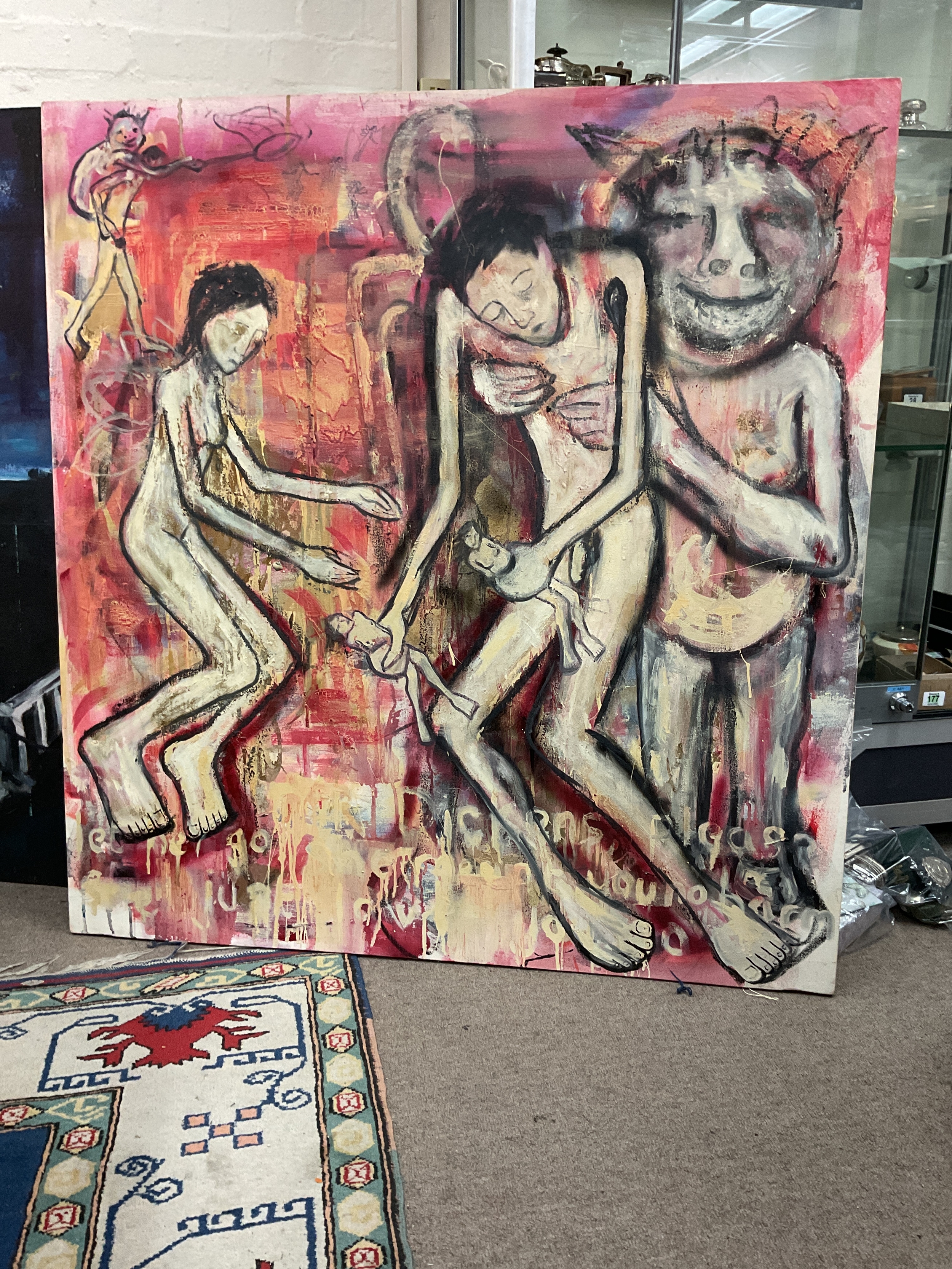 Joel S Dickens (1974-), unnamed large painting of a fairy, pig and carried man on red background, 