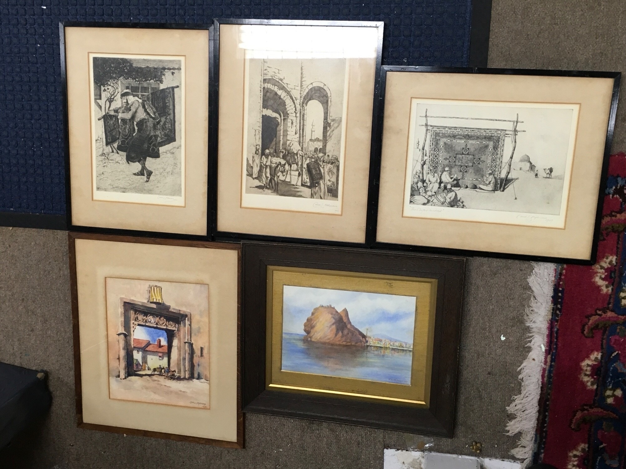 Five framed Cecil Holman watercolours and engravings NO RESERVE