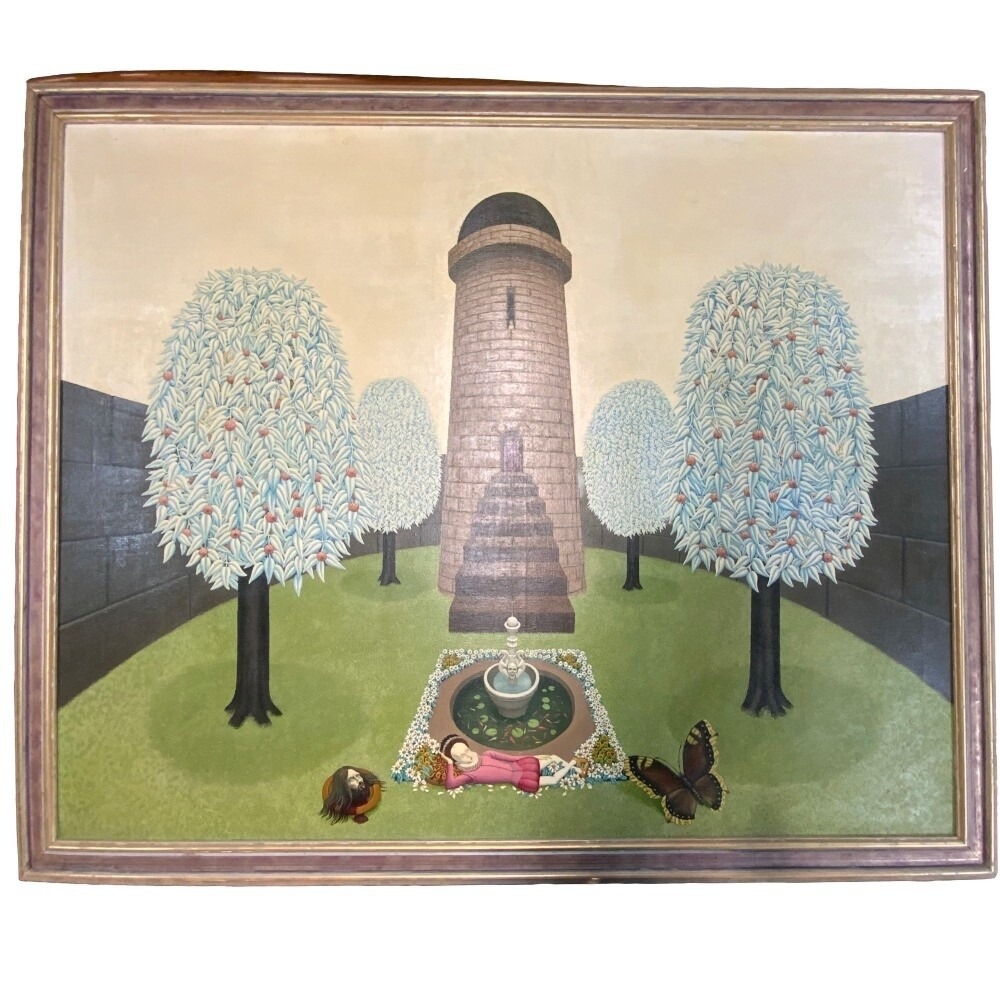 Original oil on canvas, Signed and dated 'FVB 1974, This 1974 surrealist work is a densely layered psychological landscape that utilizes architectural and historical motifs to explore the tension between power and vulnerability. By combining overt phallic symbolism with subtle references to the tragic history of Anne Boleyn, the artist creates a space where personal and historical trauma intersect. Phallic Symbolism and the Tower of Power The central verticality of the composition is anchored by a massive stone tower, a quintessential phallic symbol in surrealist vocabulary. The Architecture of Control: The tower's rigid, unyielding form represents the masculine ego and patriarchal authority. Its isolation atop a tiered platform mirrors the "ivory tower" of the mind a place of both command and profound disconnection.  The Windowless Fortress: With only a single, narrow slit for a window, the structure suggests a fortress designed for surveillance rather than connection, embodying the defensive posture of the ego against the "chaos" of the surrounding garden. Anne Boleyn: The "Hidden" Queen and the Tower of London The painting subtly encodes references to Anne Boleyn, the second wife of Henry VIII, whose life was defined by the very symbols present in this landscape: * The Tower of London: For the viewer familiar with Tudor history, the central tower serves as a dual symbol: it is both the site of Annes coronation and her eventual imprisonment and execution. The dark, looming wall at the rear of the garden further reinforces this sense of a cloistered, captive space. * The "Watching" Trees (Demonic Faces): The grotesque, demonic faces woven into the foliage of the trees evoke the atmosphere of courtly intrigue and the "many eyes" of the Tudor court. These faces symbolize the malicious gossip and accusations of witchcraft that ultimately led to Anne's downfall. * The Apple and the Fall: The red fruit historically linked to the fall of man references the "temptress" narrative often used to vilify Anne. In this surrealist context, they act as the "eyes" of the trees, suggesting that the figure "Frederic" is being judged by a history he cannot see. * Metamorphosis and the Butterfly: The prominent butterfly near the reclining figure symbolizes the fleeting nature of royal favour and the souls liberation through death a poignant nod to Annes final moments of "transcendence" before her execution. The Figure "Frederic" and the Fountain The reclining figure, identified by the verso inscription as "Frederic" [Text on image], lies in a state of passive vulnerability at the base of the tower. Placed beside a bubbling fountain a symbol of life and the fluid subconscious the figure represents the delicate balance between life and the crushing weight of historical and architectural authority. Technical Execution The artist utilizes a specialized granular "beaded" texture across the surface, giving the painting an organic, almost vibrating quality. This technique ensures that the hidden faces in the trees only reveal themselves as the viewers perspective shifts, a deliberate choice that mirrors the shifting "truths" of history and the deceptive nature of appearances at court. Dimensions with frame. 141.5cm x 116cm, canvas 127cm x 102.5cm. TO BE SOLD WITHOUT RESERVE