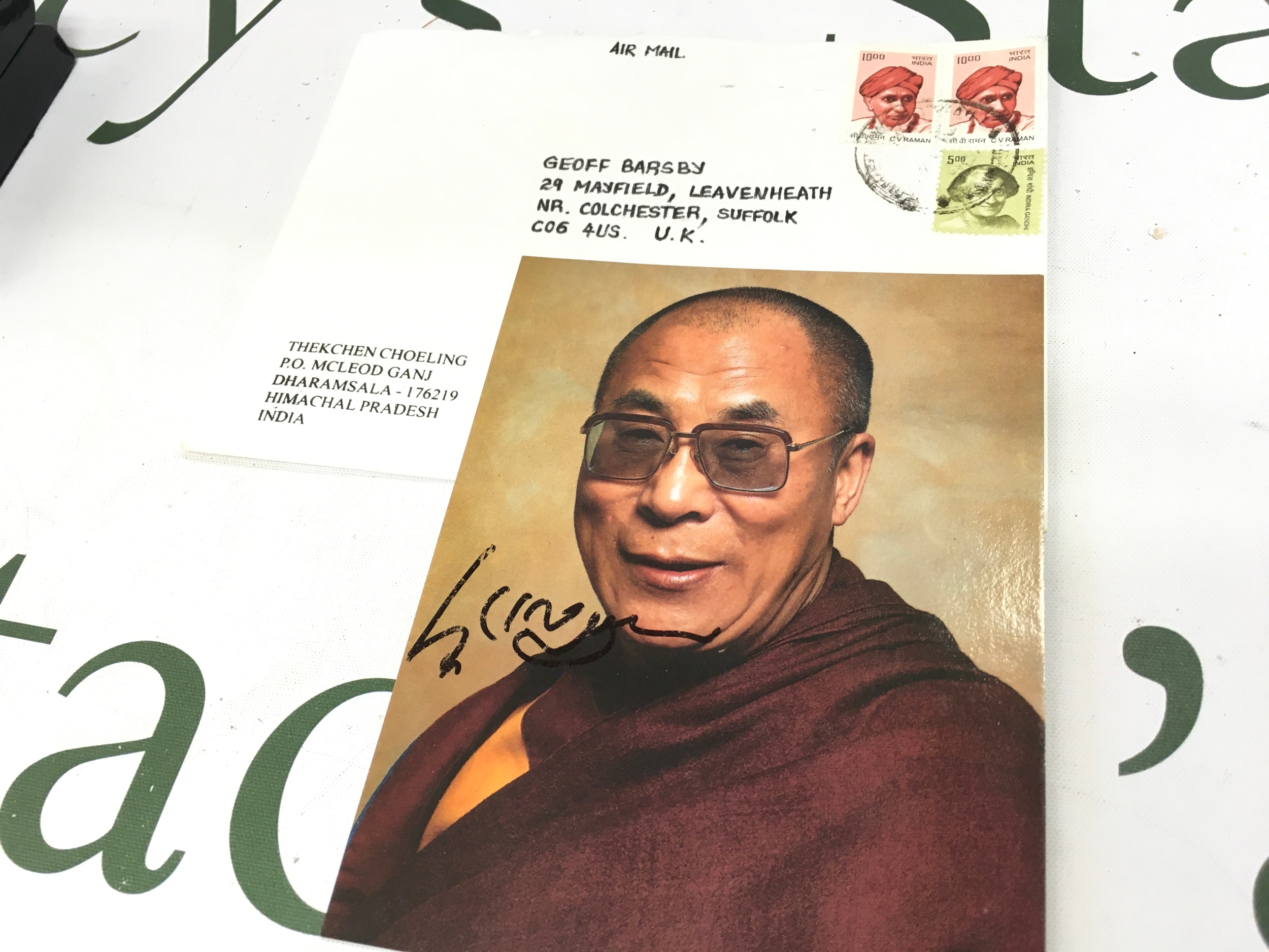 A Dalia Lama signed photo, posted from India to Geoff Barsby in the UK. No reserve