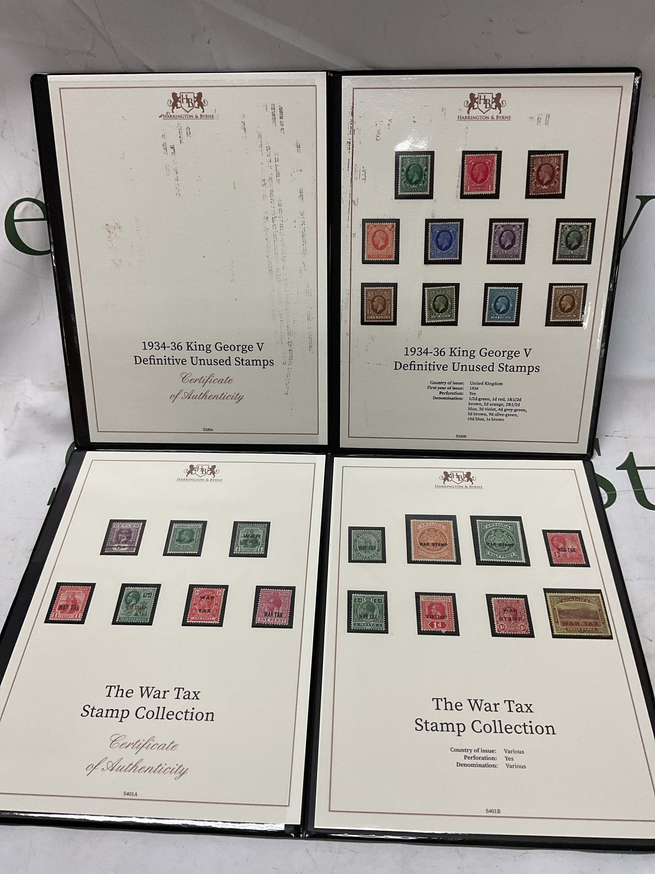 Six Harrington and Byrne stamp folders to include UPU, War Tax, etc. see photos for descriptions.
