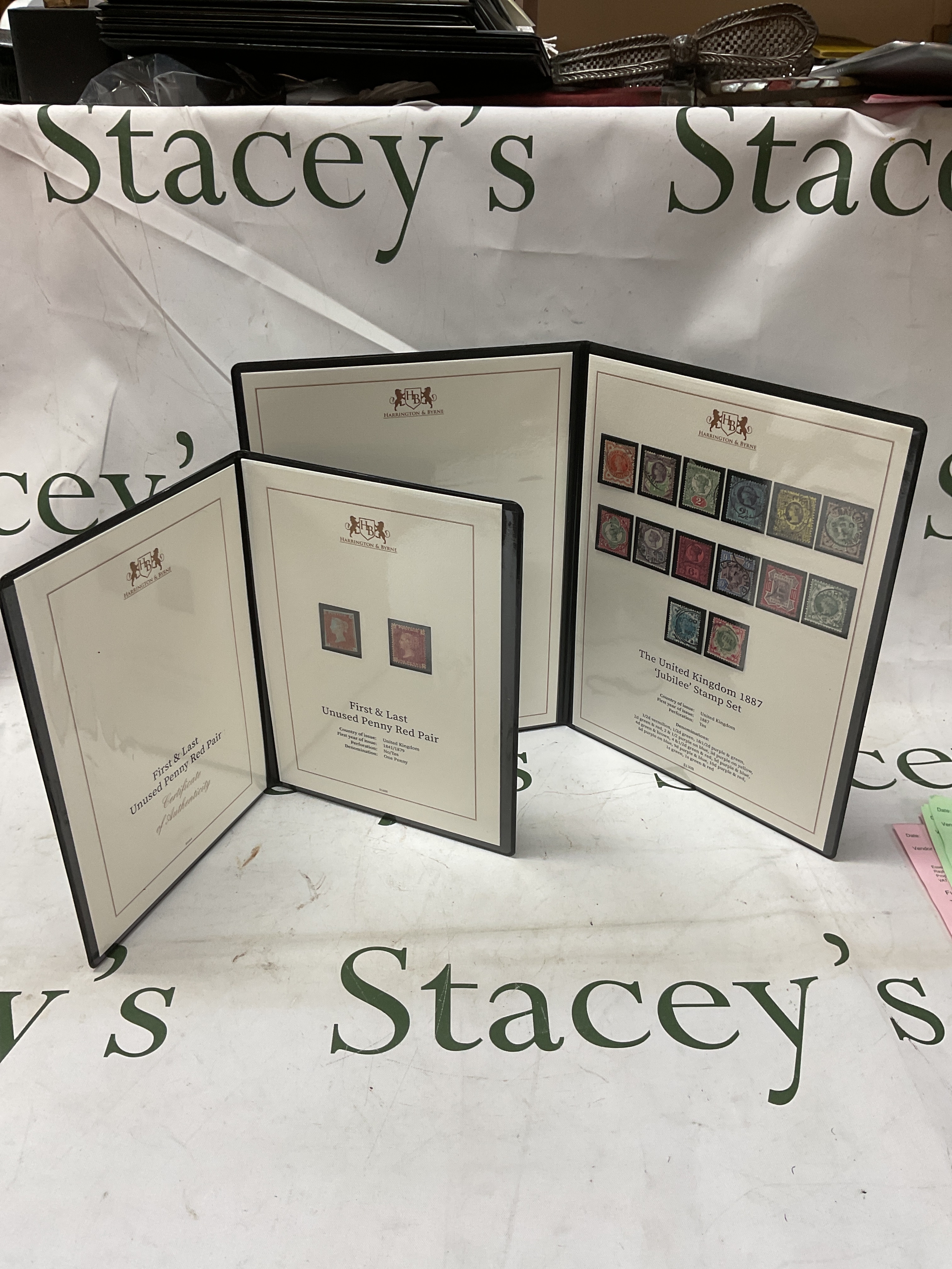 Harrington and Byrne folders of First and Last Unused Penny Red Pair, with caret, and The United Kingdom 1887 Jubilee stamp set of definitives.