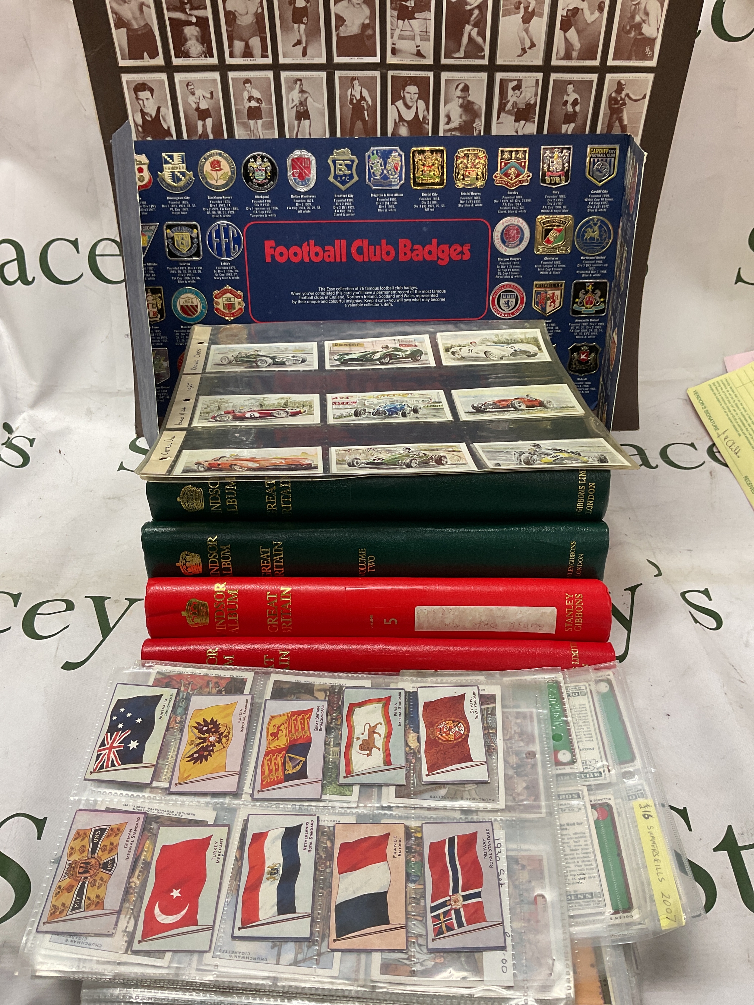 Qty Windsor stamp albums and cigarette cards .