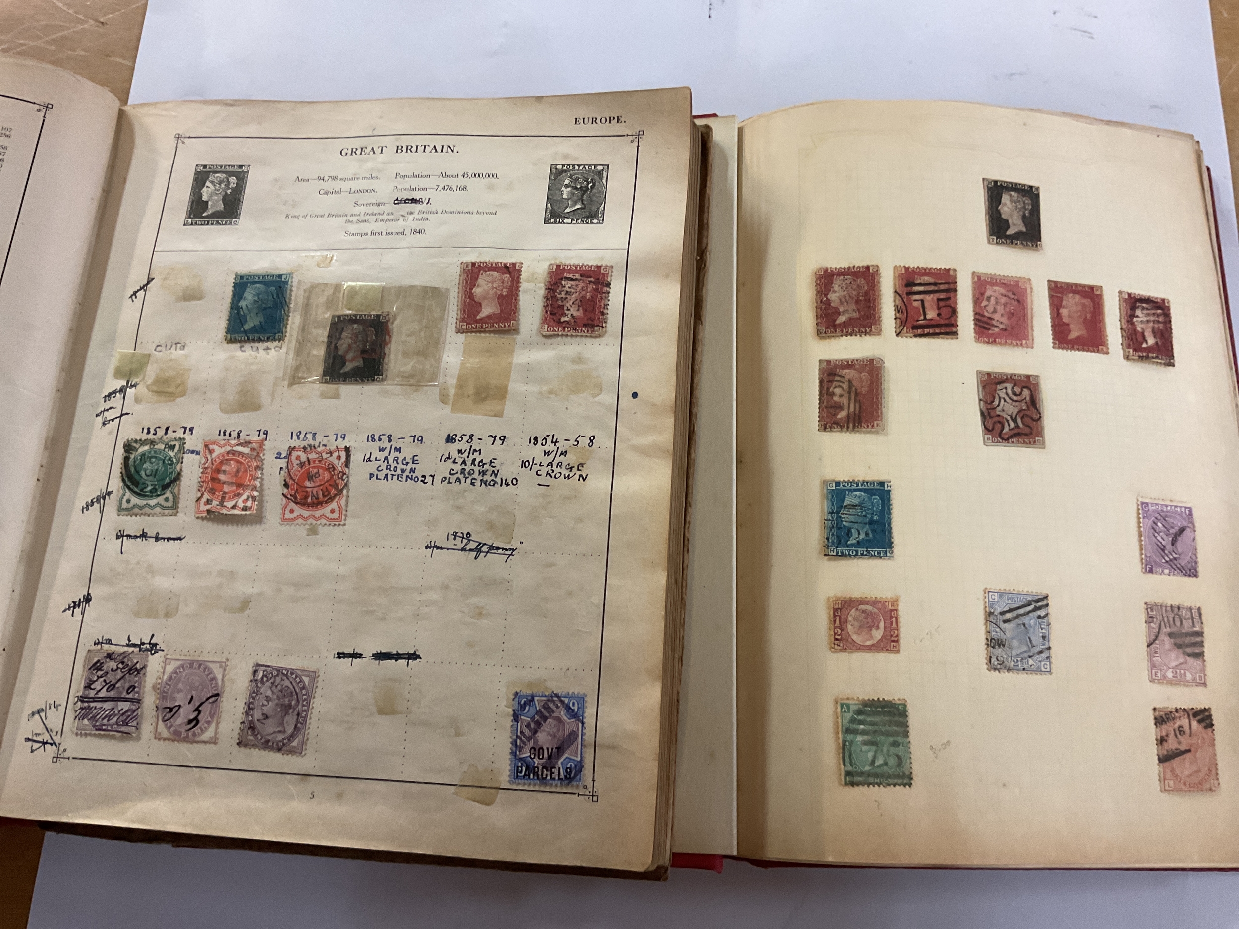 Two vintage albums with two penny blacks and a nice penny red with black Maltese cancellation.