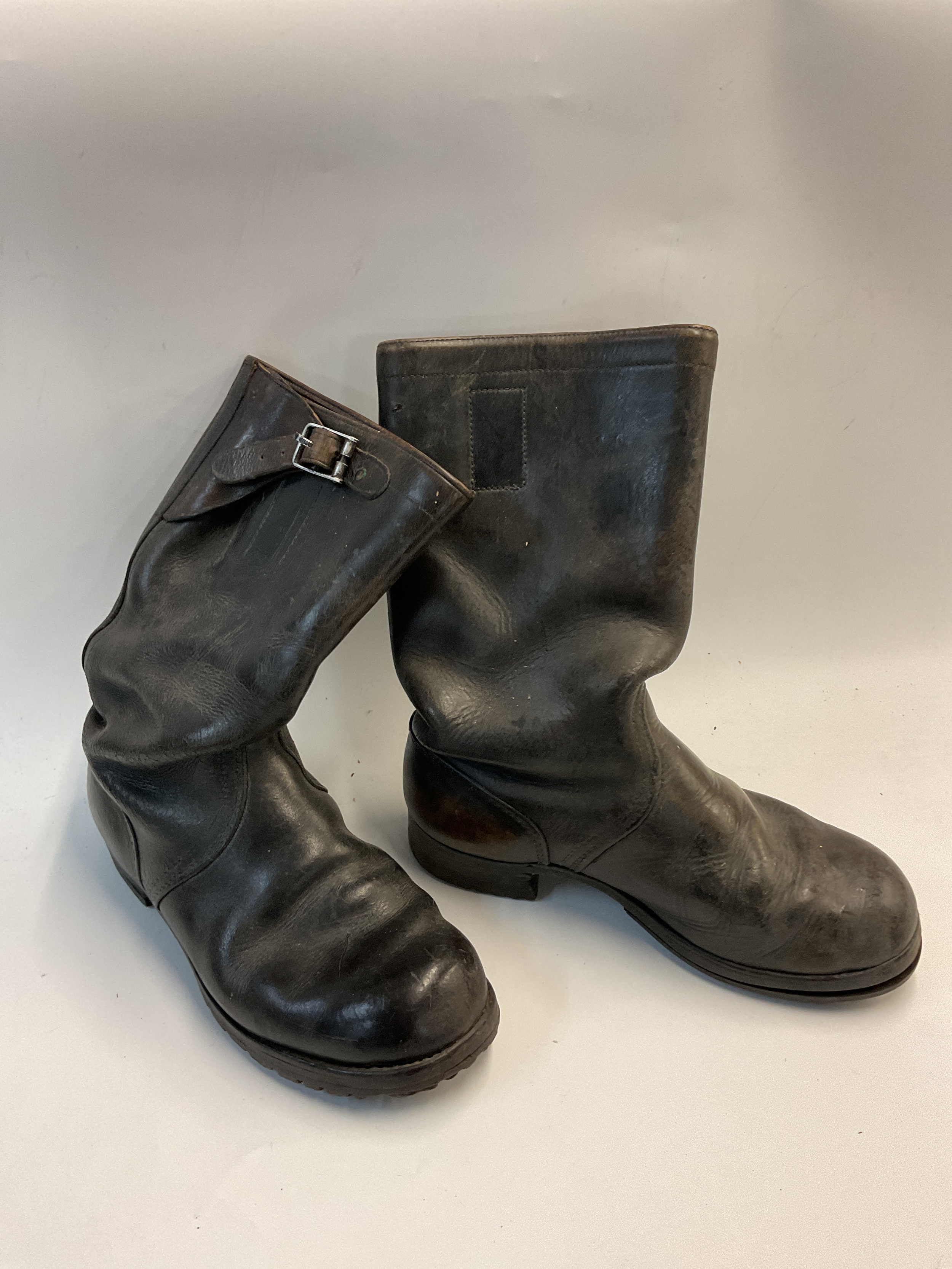 Pair of Jack Boots, heavy leather, aluminium buckles size 8.