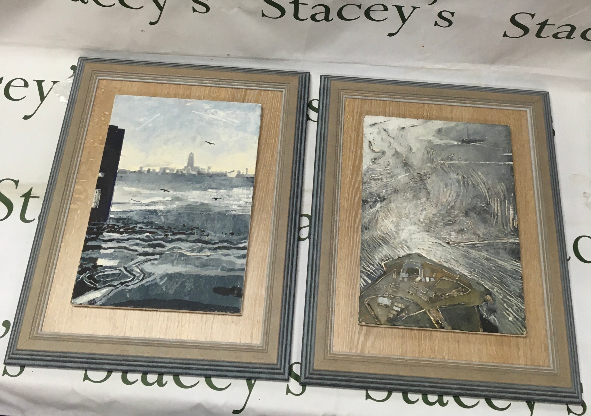 Ruth stage. Two oil on plaque tempera framed in relief sea scenes with signatures  verso. Early works 1996 - statue of freedom and London scene