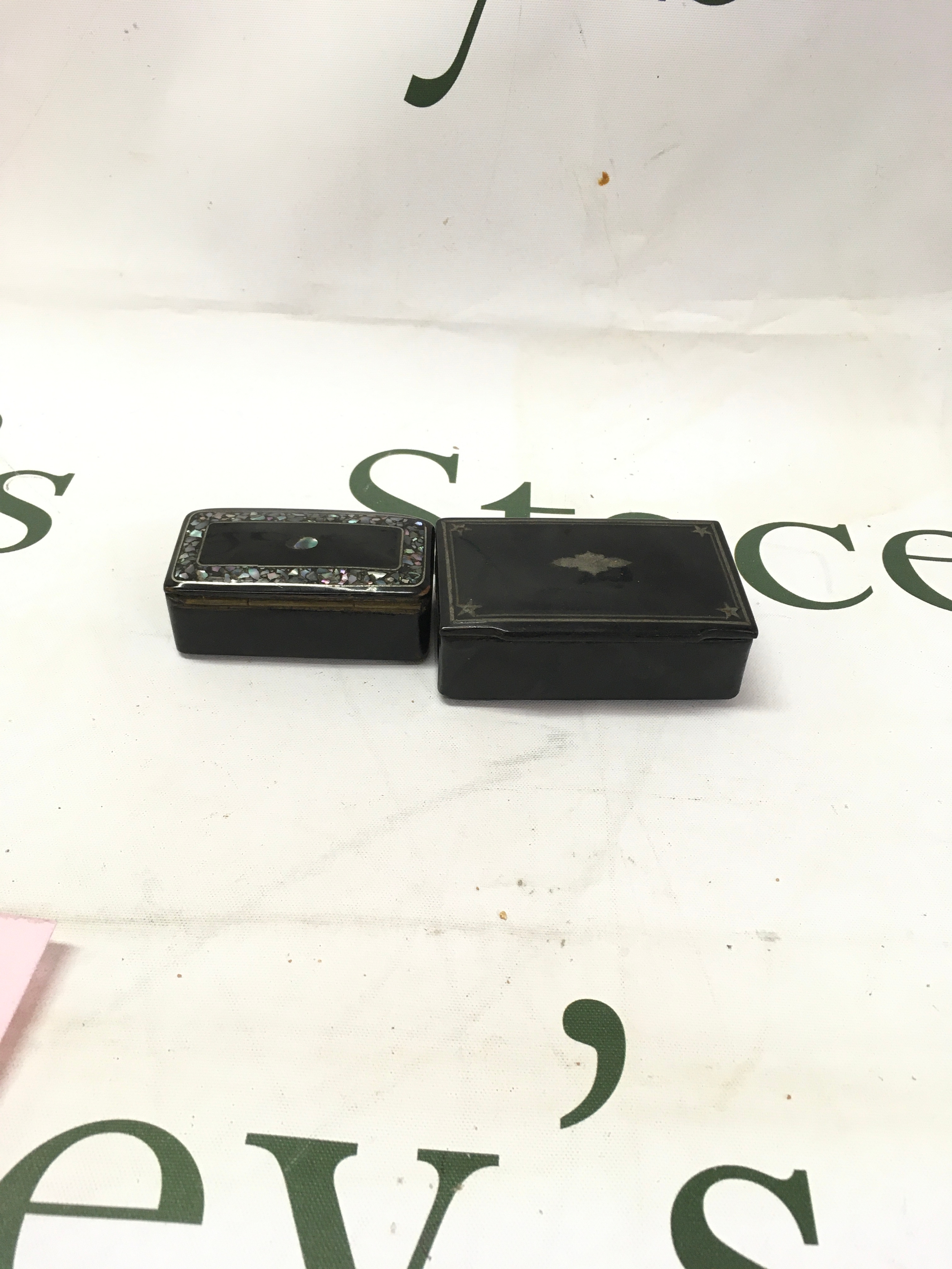 2 paper paper mache inlaid snuff boxes