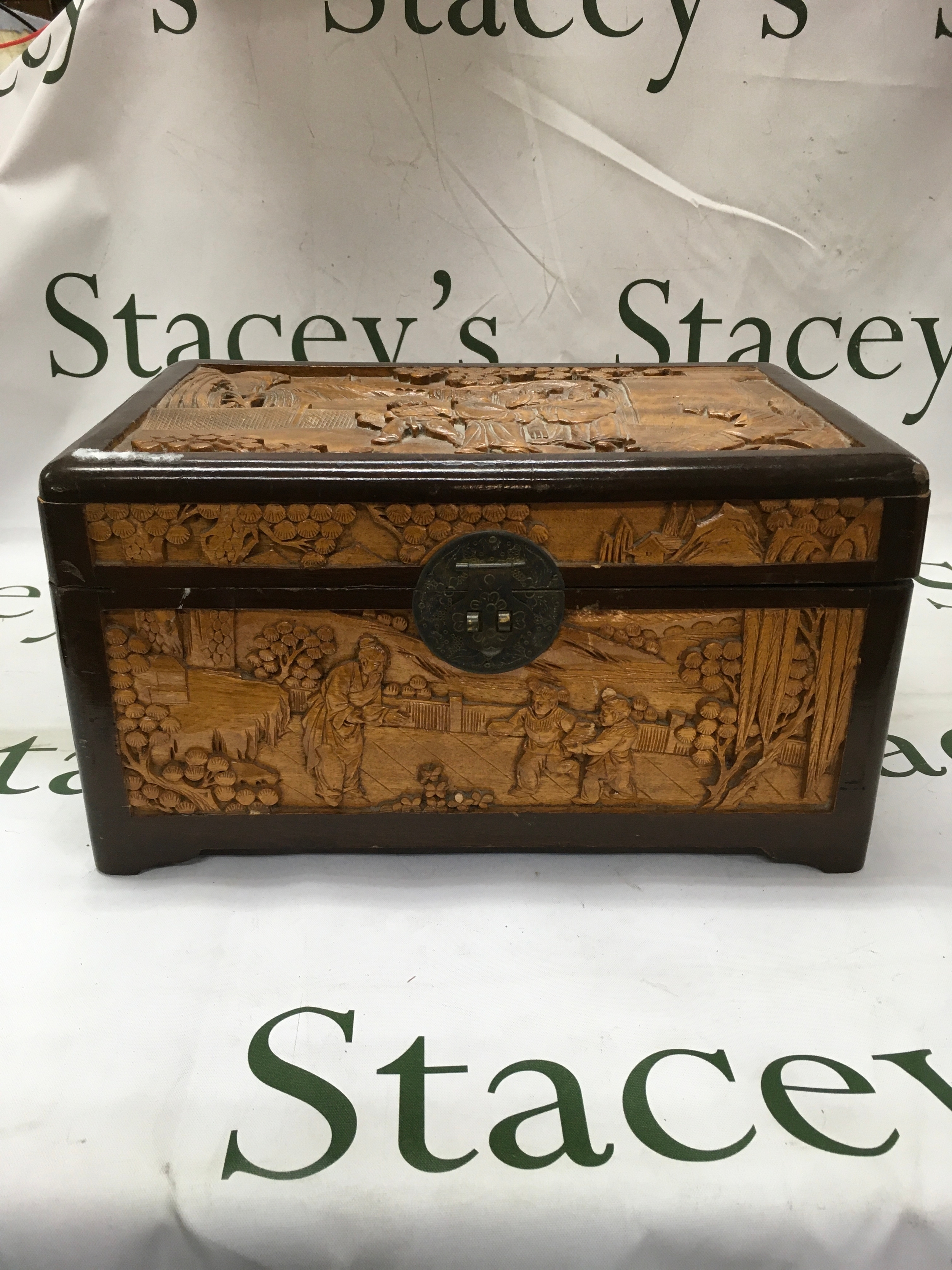 Carved wooden box including a curiosity/geology collection