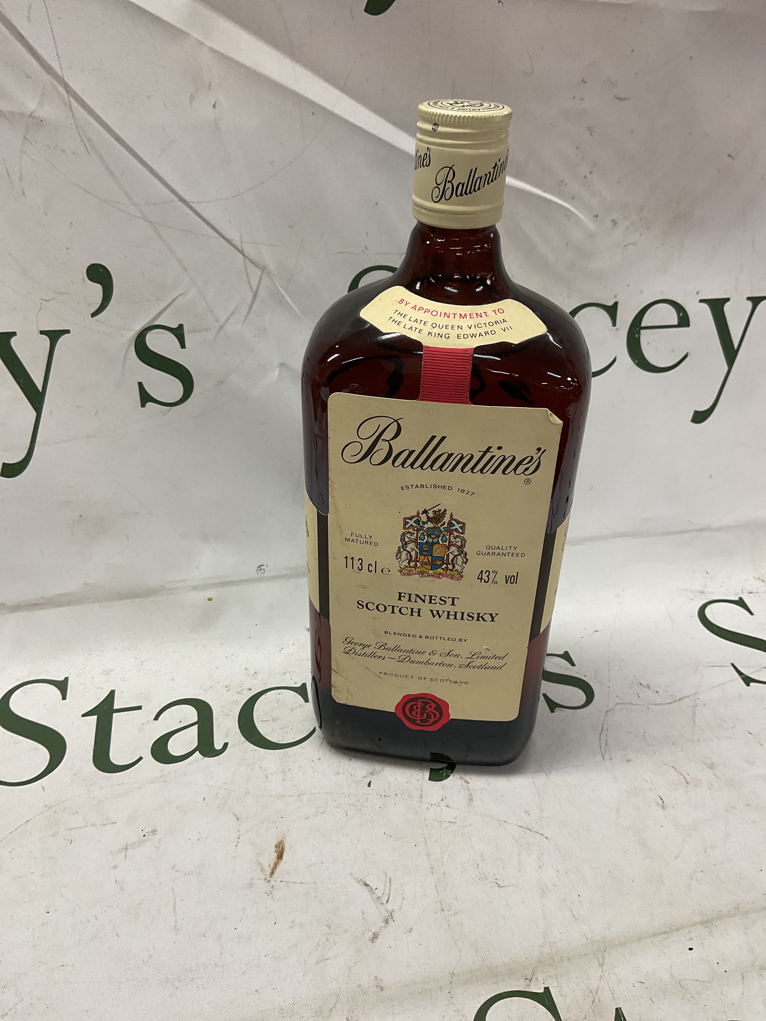 Large vintage bottle of Ballantines Whisky, 113cl bottle.