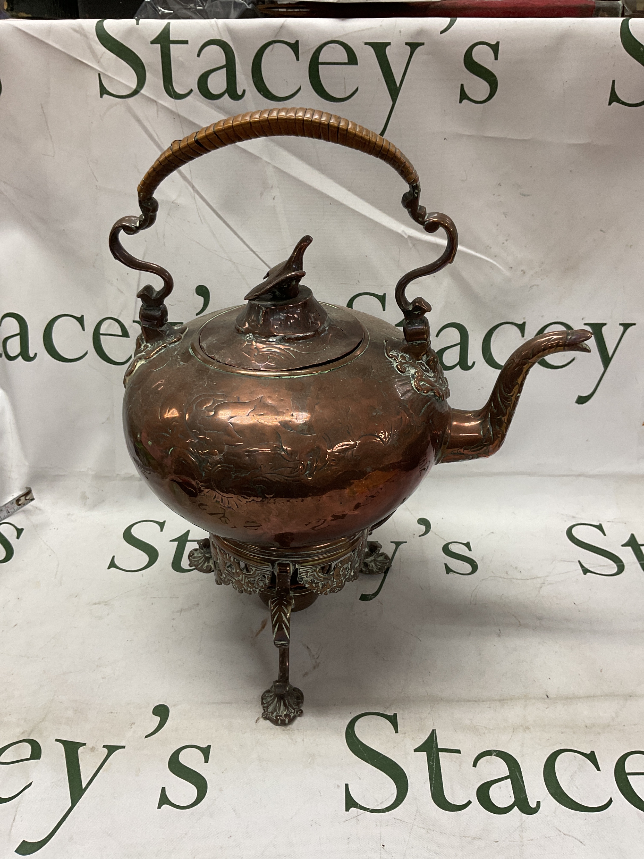 19th C  copper spirit kettle, with wrapped handle , bird finial to the lid and scroll work to the body, ornate base and burner marked Gordon's Patentees G513. H 33cm, weight 1515grams.