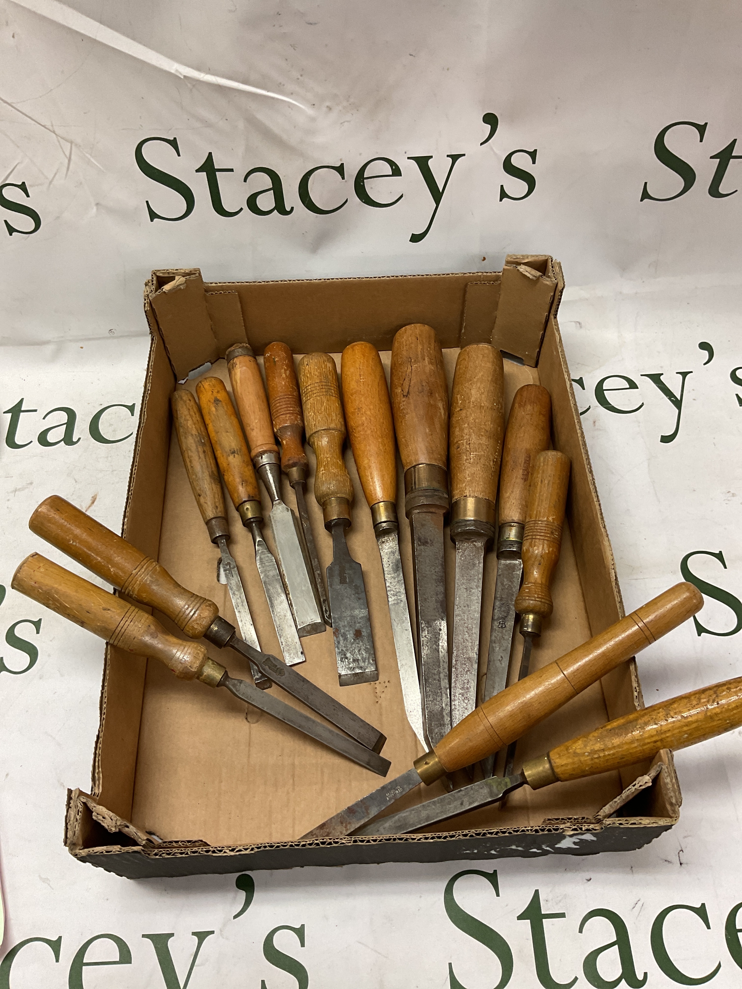 Collection of vintage woodworking chisels.