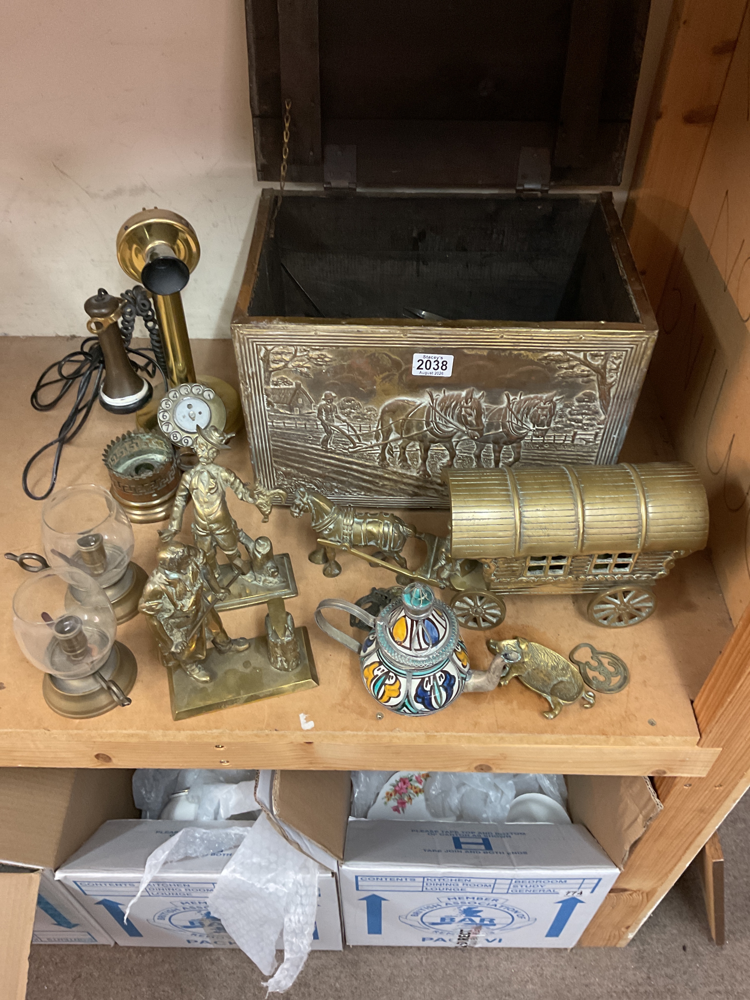 Brass coal box, blacksmith, lamps , horse brs asses, pig ashtray, stick phone and flatware.