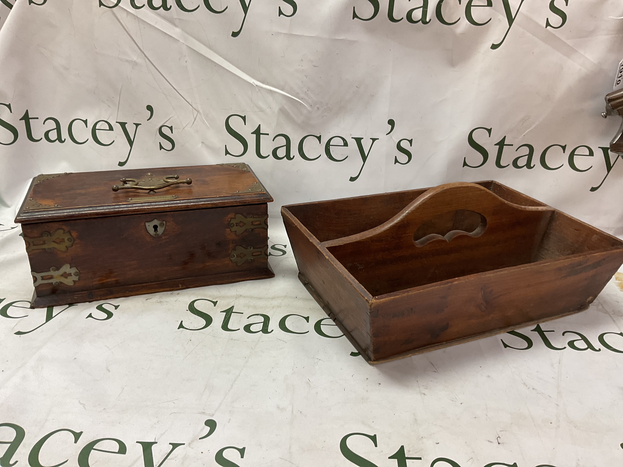 Edwardian ornate oak cigar box, along with a handled cutlery tray.