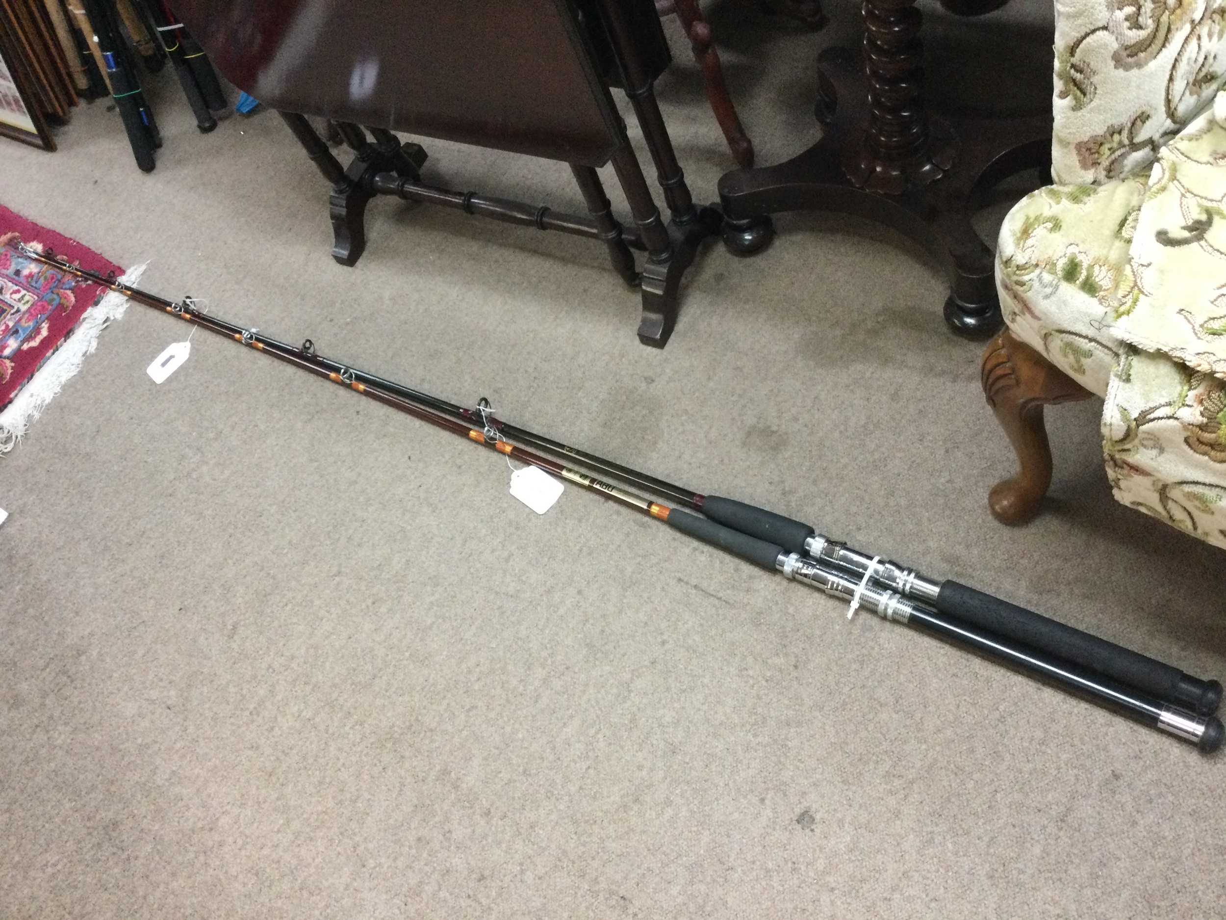 An Abu Pacific 630 6FT 10 inches 30LB, vintage 1970s in excellent condition and a Sundridge technic carbon phenolic boat rod 50lb roller tip 6 1/2 ft in excellent condition 