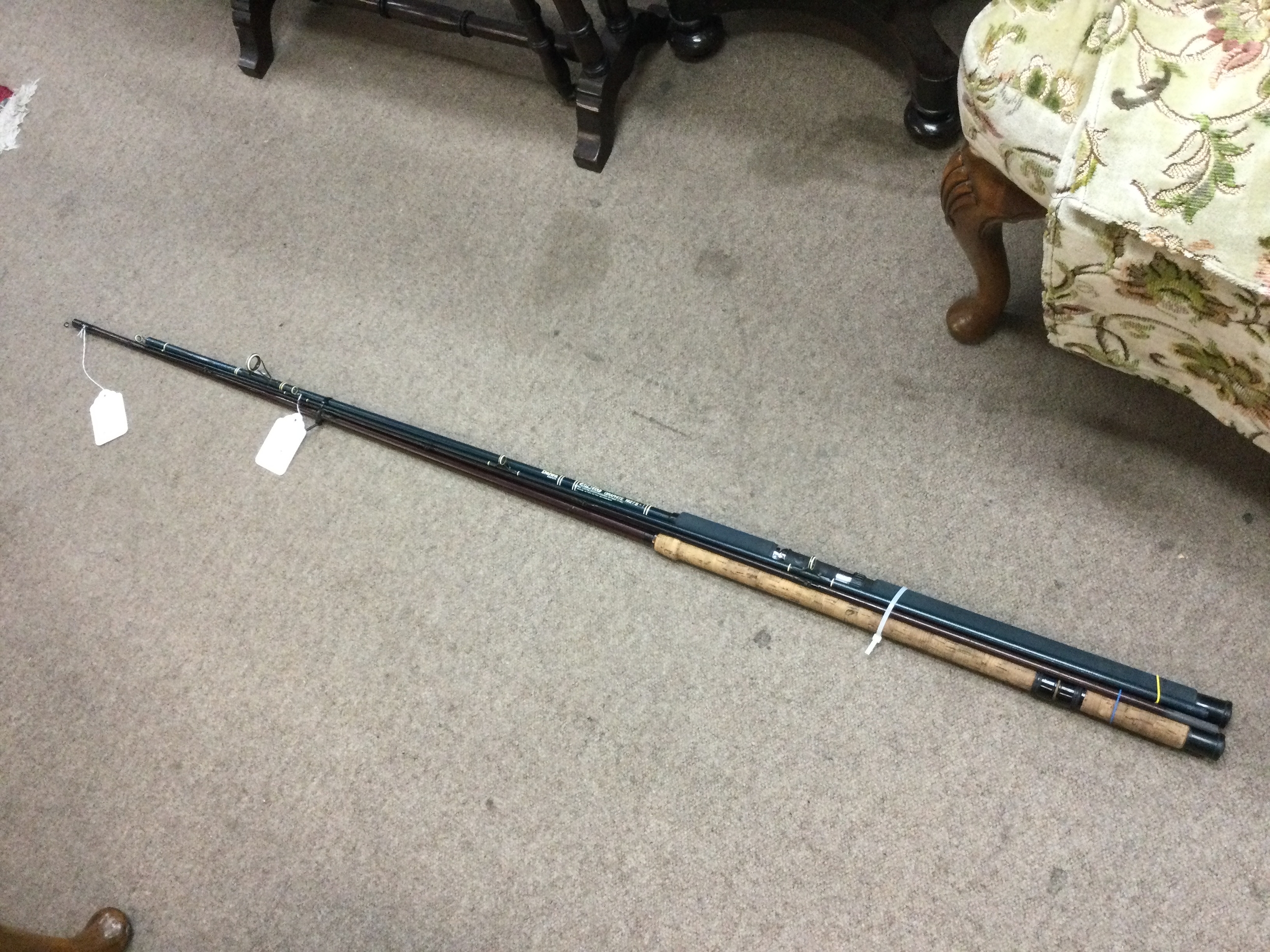 A vintage Daiwa Apollo 9ft graphite 1827S with white ring inserts in very good condition and a vintage Daiwa 10ft cavalier good condition 