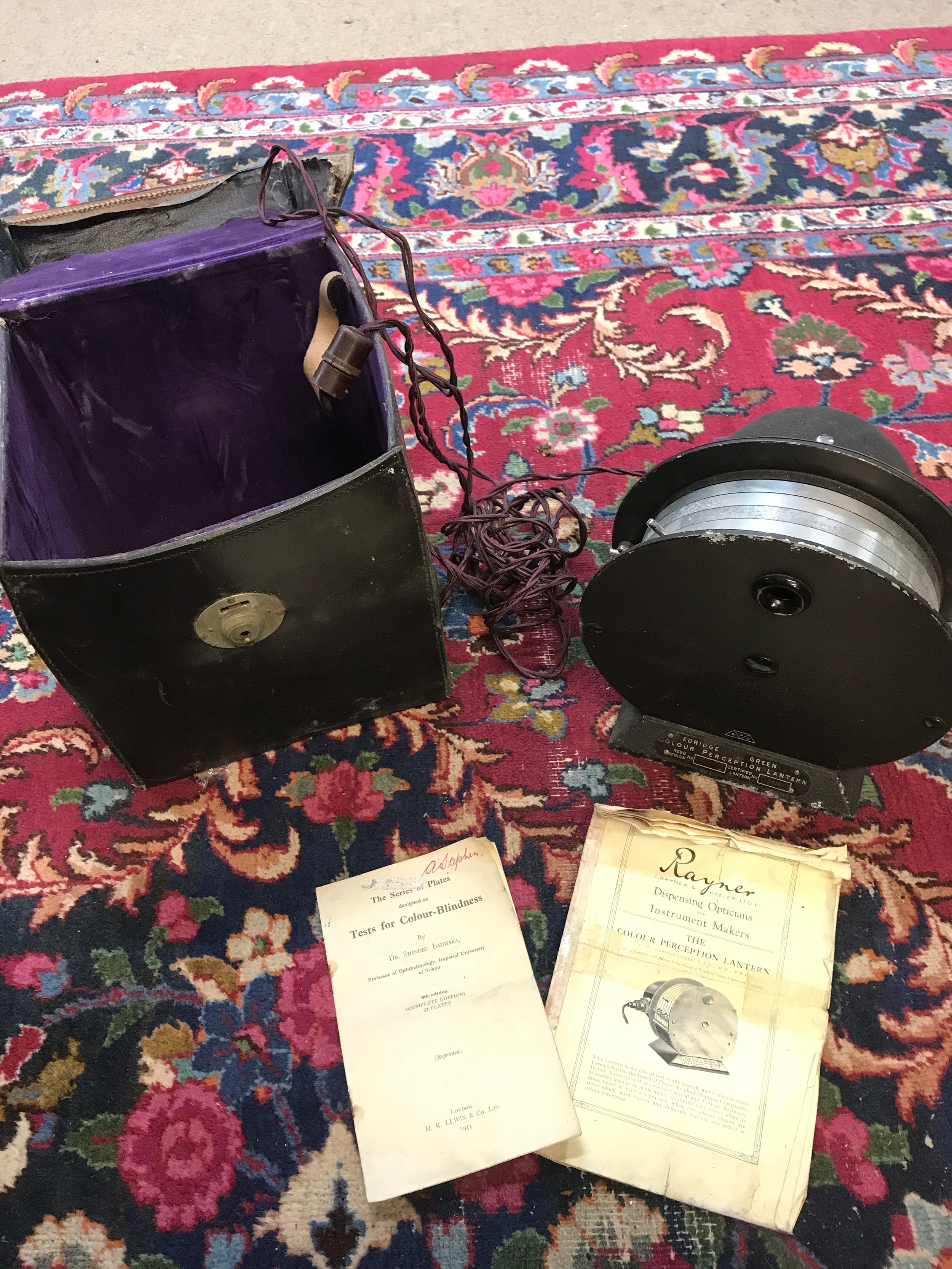 A vintage cased opticians instrument , Rayner & Keeler the colour perception lantern