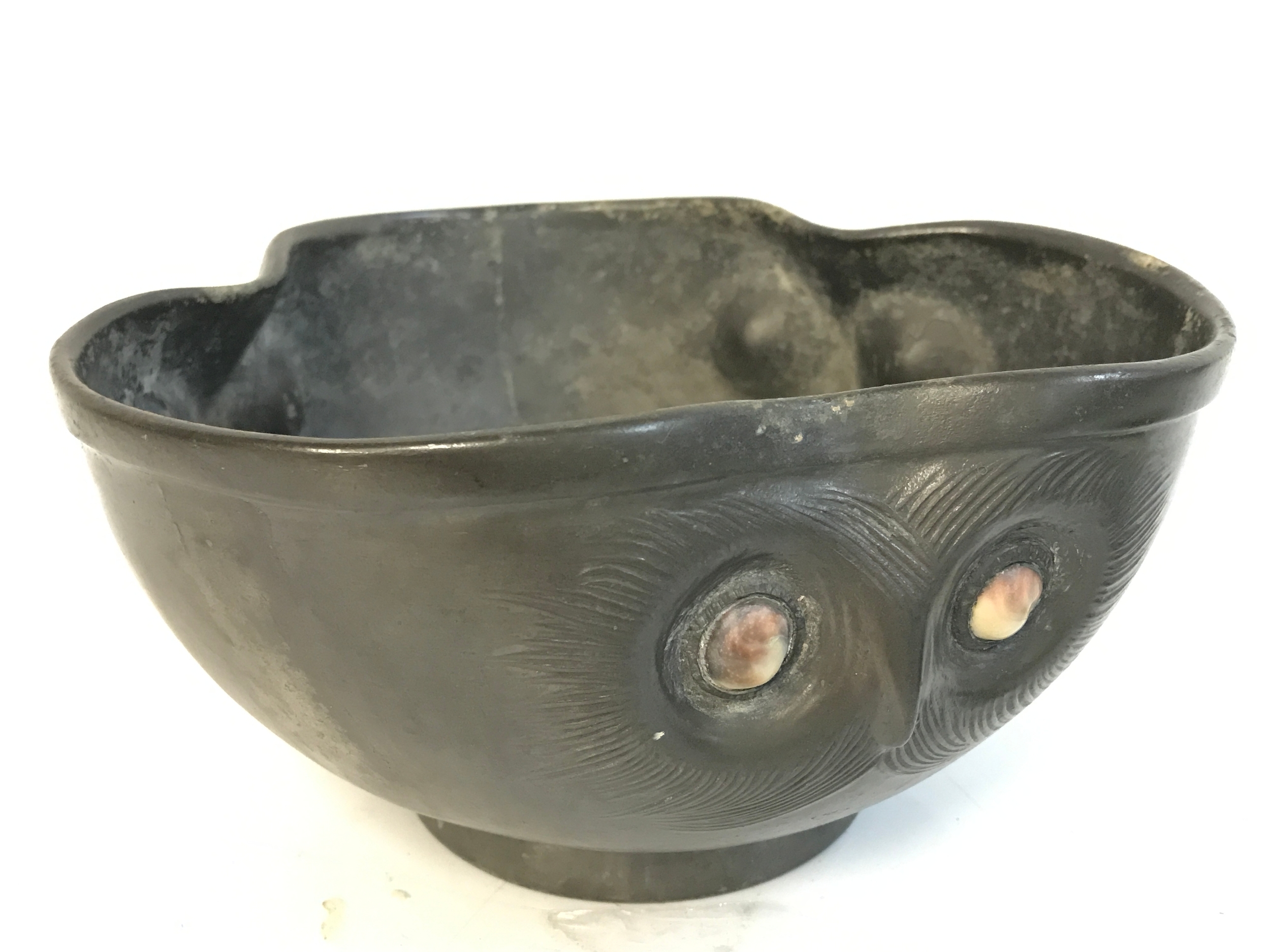 A pewter owl bowl made by liberty and Co , 19cm wide , 10cm tall