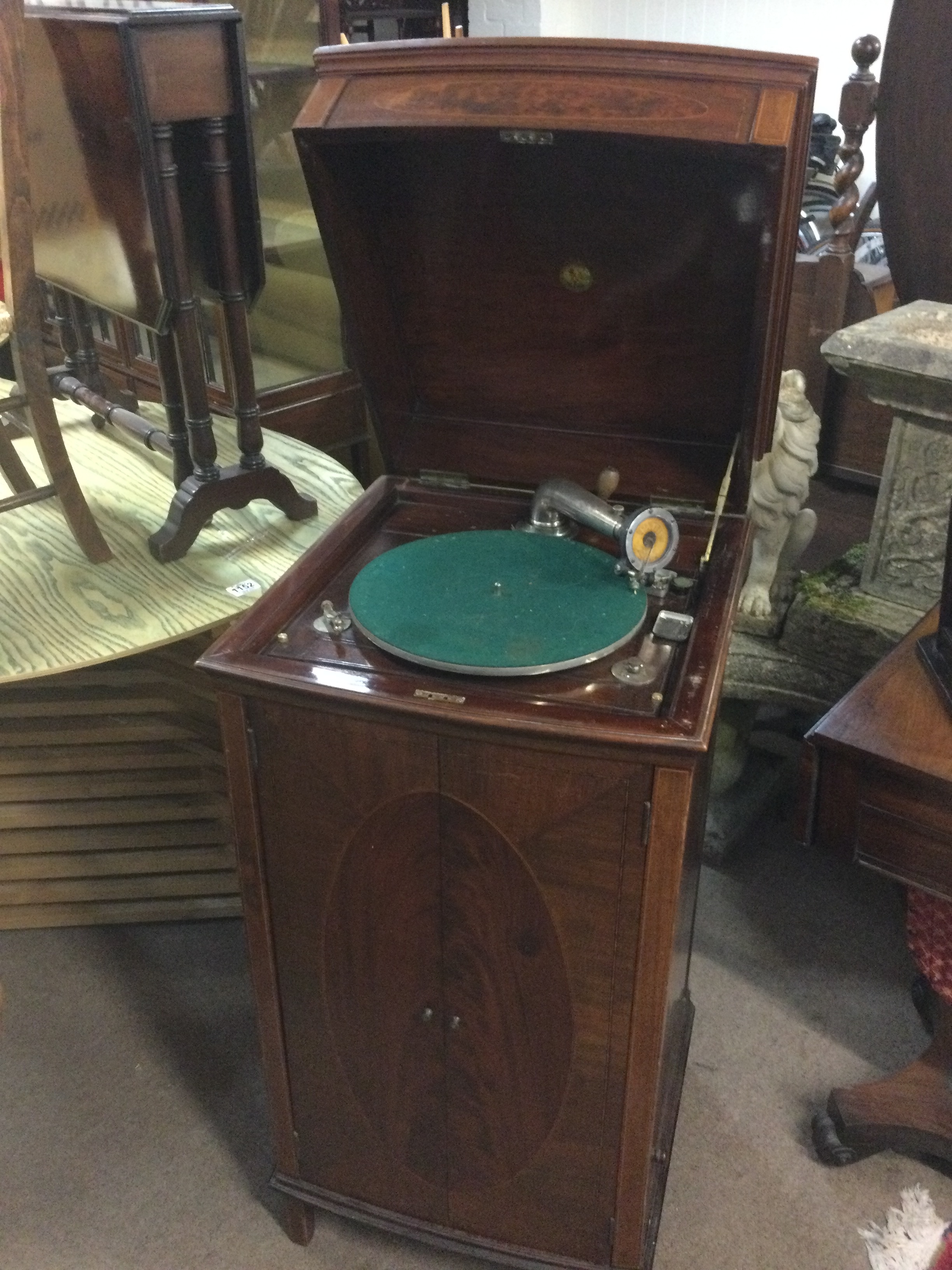 A Pathe Hill & Dale Gramophone with stylus. 47cm wide, 48cm wide, 101cm tall