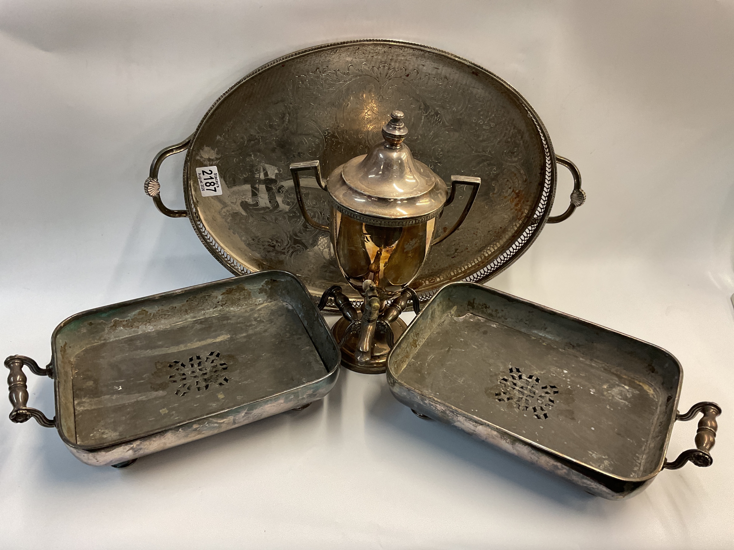 Two early 19th century Sheffield plate Bain Marie's with open hand hallmark, galleried tray and Manhattan NY samovar.