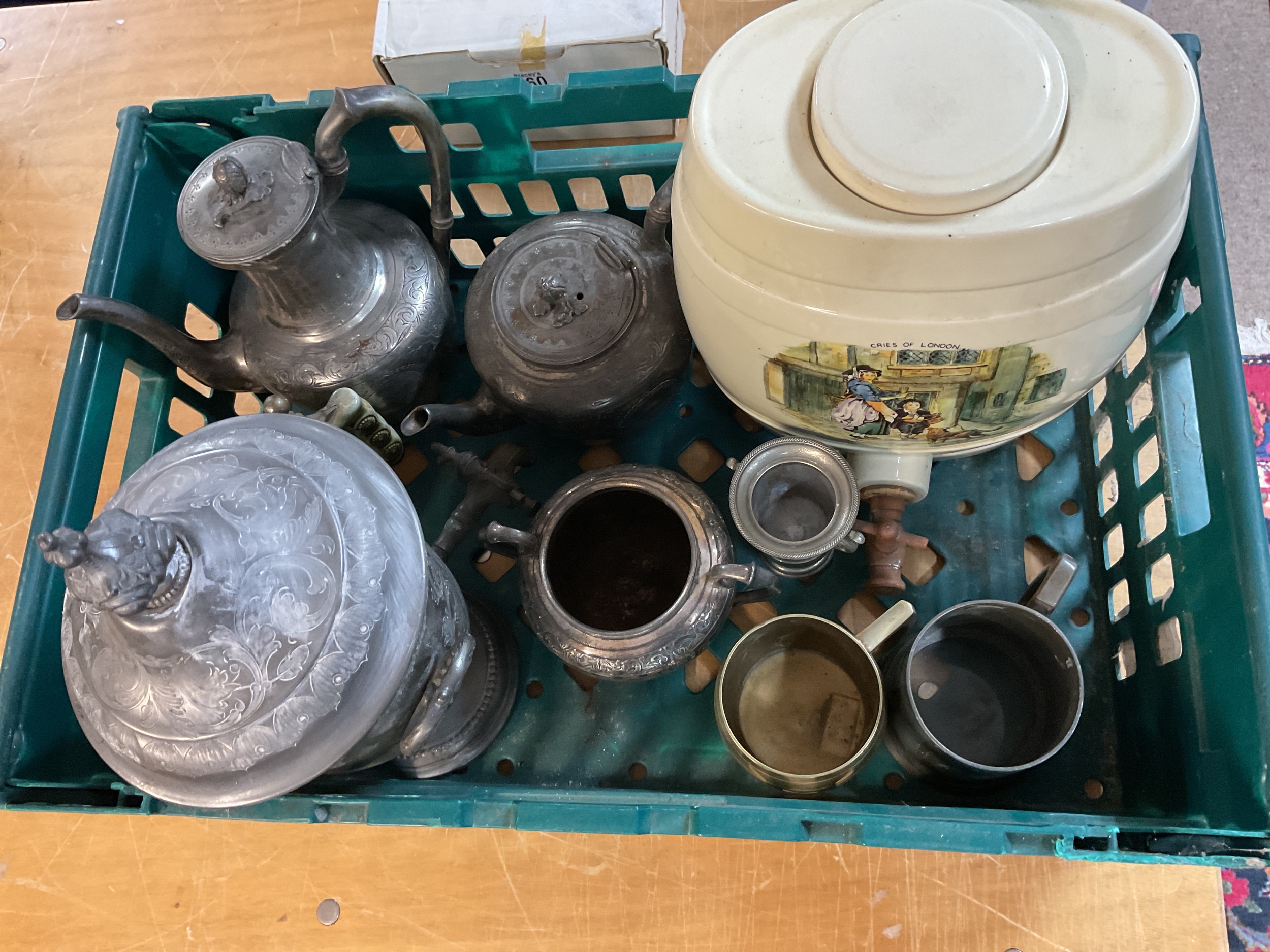 Qty EPNS, stein, pewter, large china decanter with a scene of the cries of London.and kettles etc.