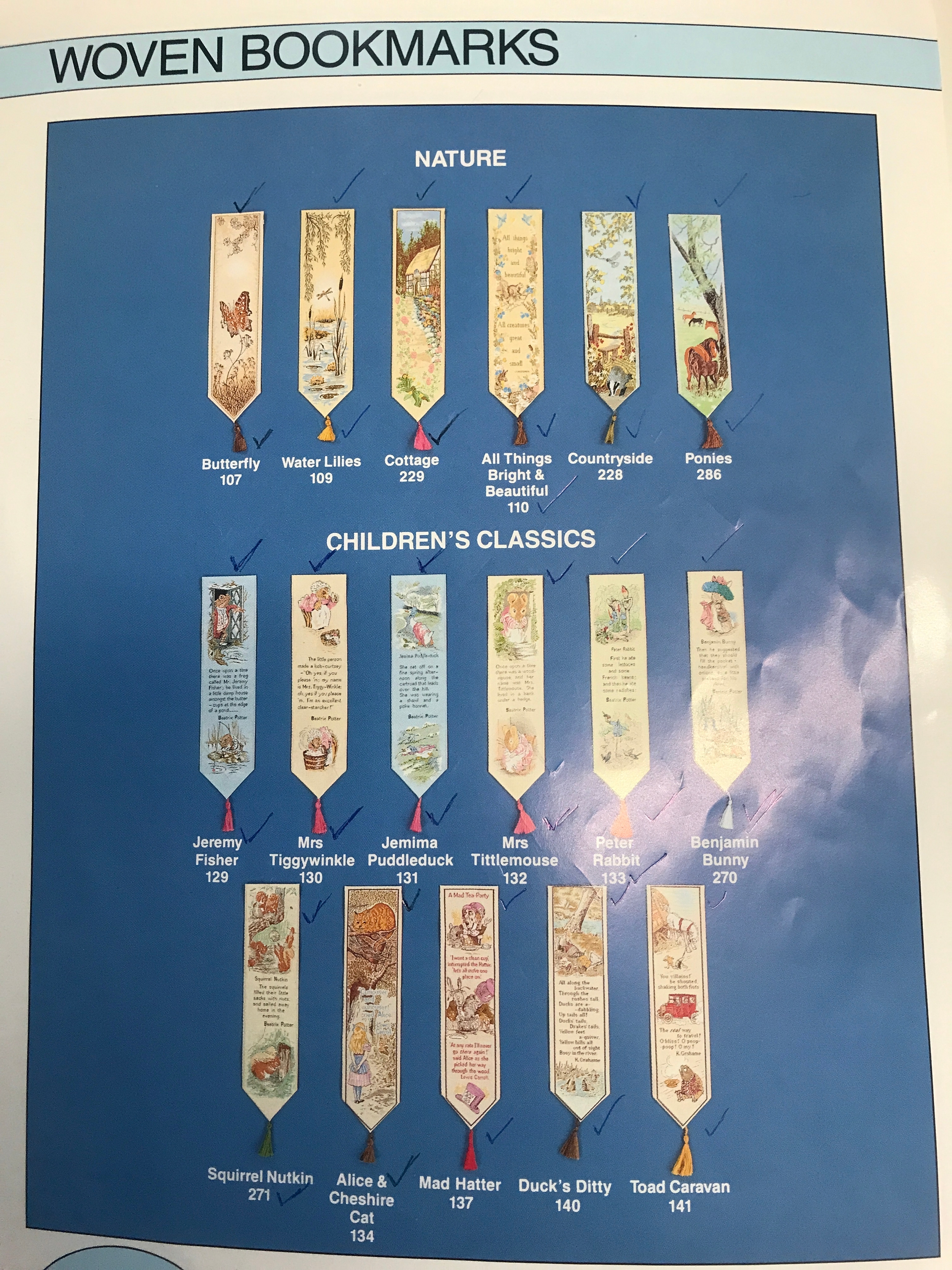 a booklet of vintage woven silk bookmarks manufactured by J & J Cash Ltd