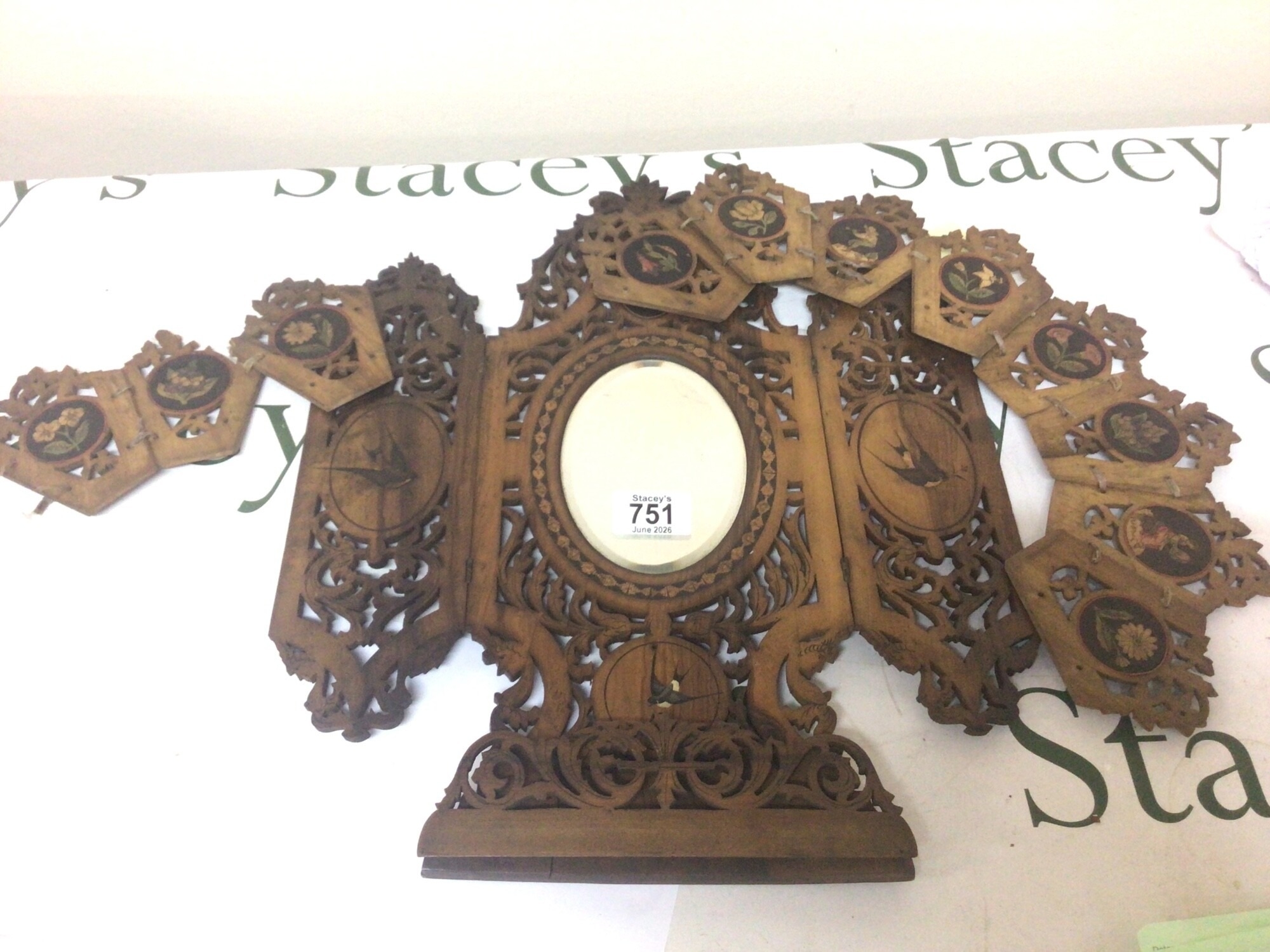 An Early 20th century Olive Wood triptych mirror inlaid with birds and a conforming fretwork decoration. Hight 43cm NO RESERVE