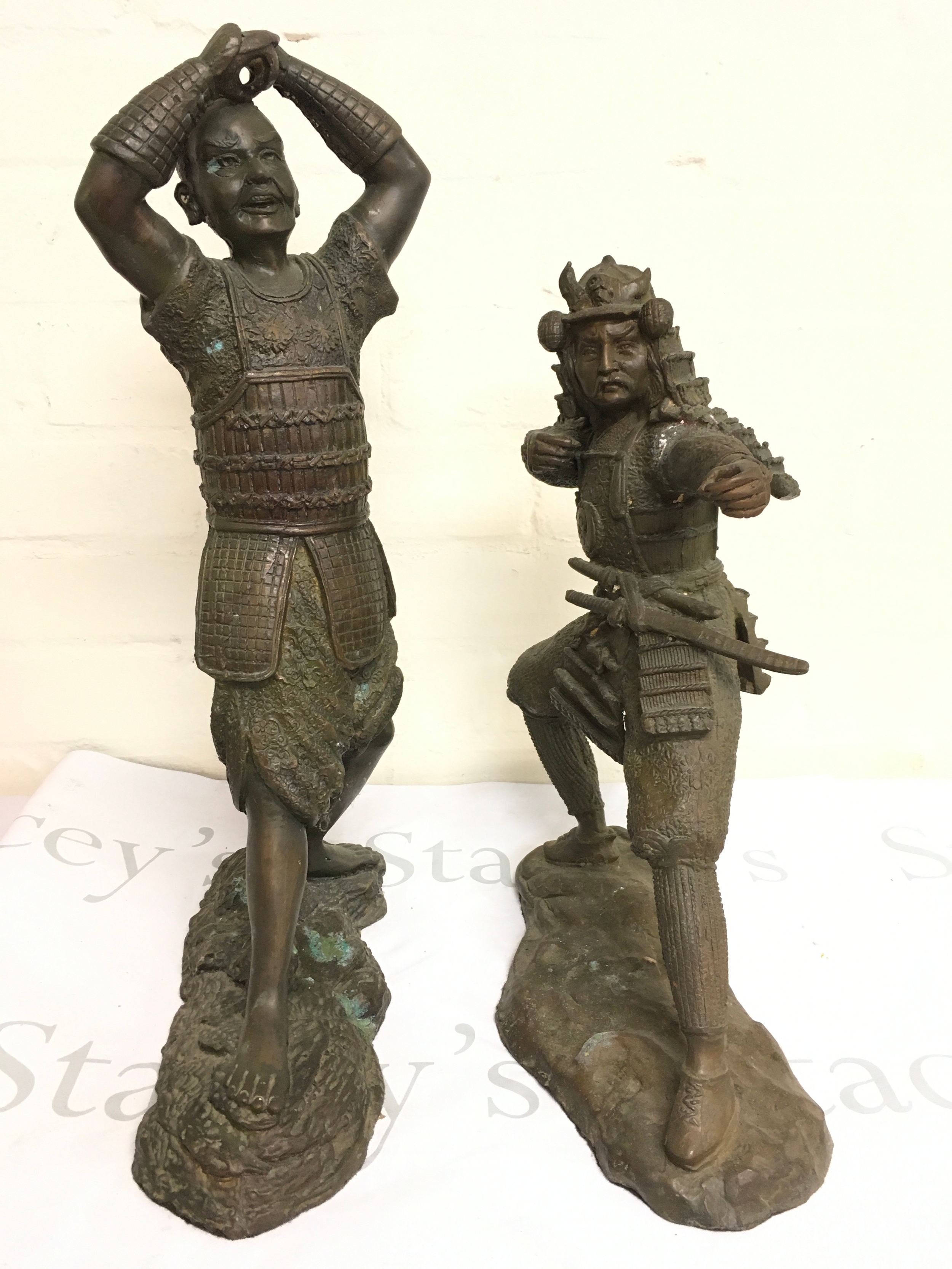 Bronze Japanese warrior sculptures . 39 and 48cm tall