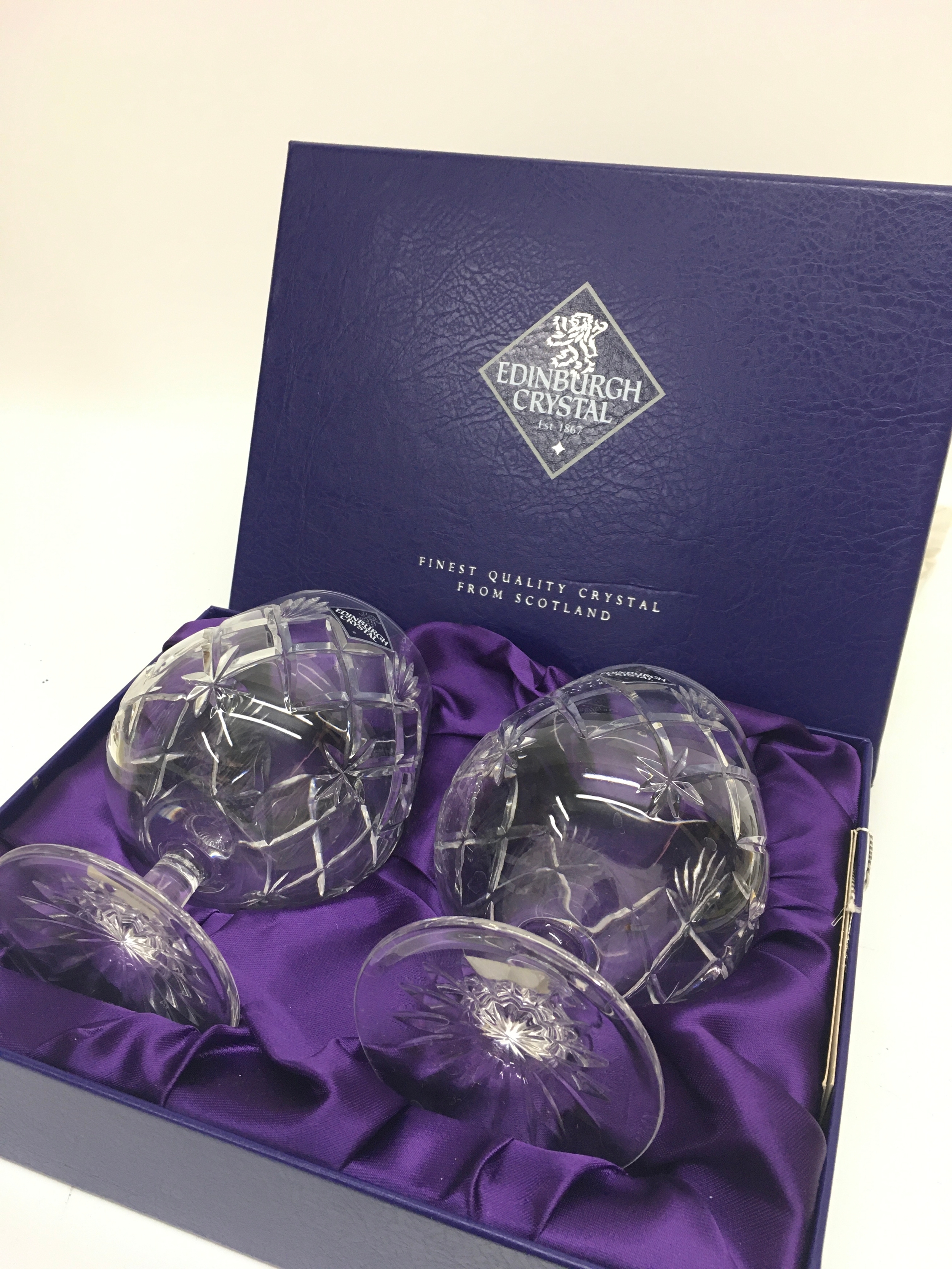 A boxed pair of Edinburgh brandy glasses