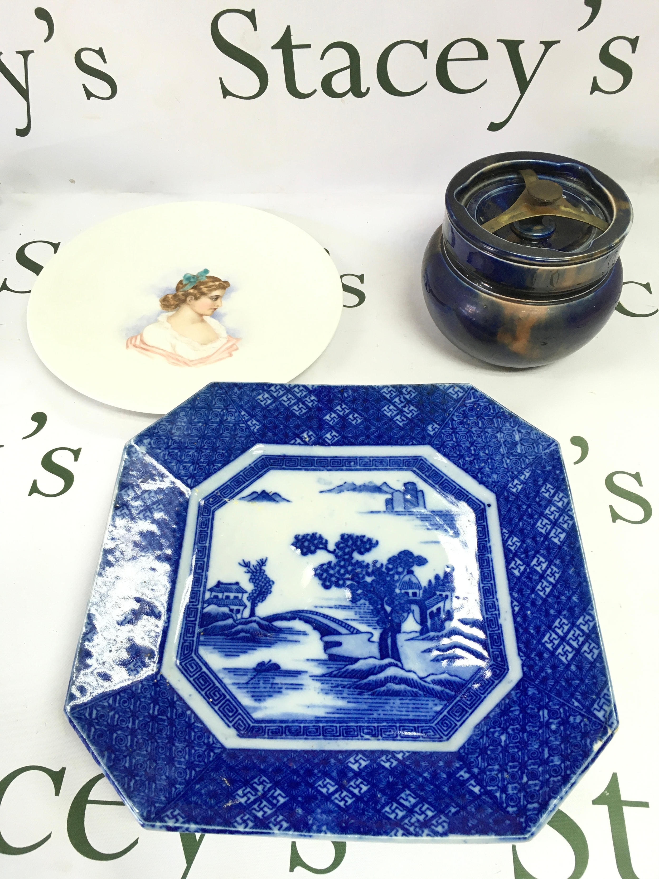 A 19th century Chinese octagonal willow pattern plate (26.5cm wide), tobacco jar (11cm tall) and hand painted Lady profile plate (23cm wide)