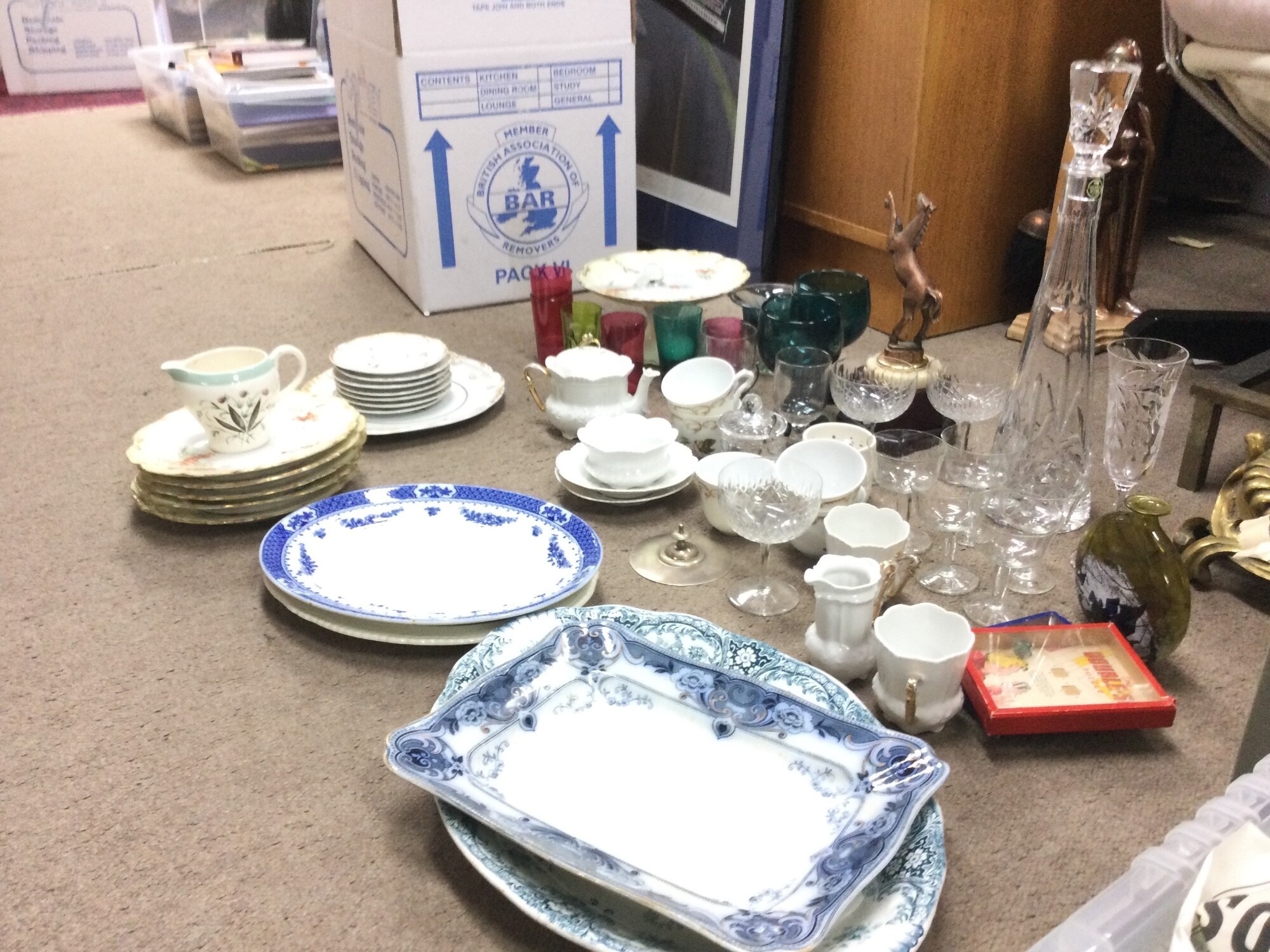 A collection of ceramics and glass including a Sonata Portugal tea set, coloured glass, Thomas Webb decanter NO RESERVE