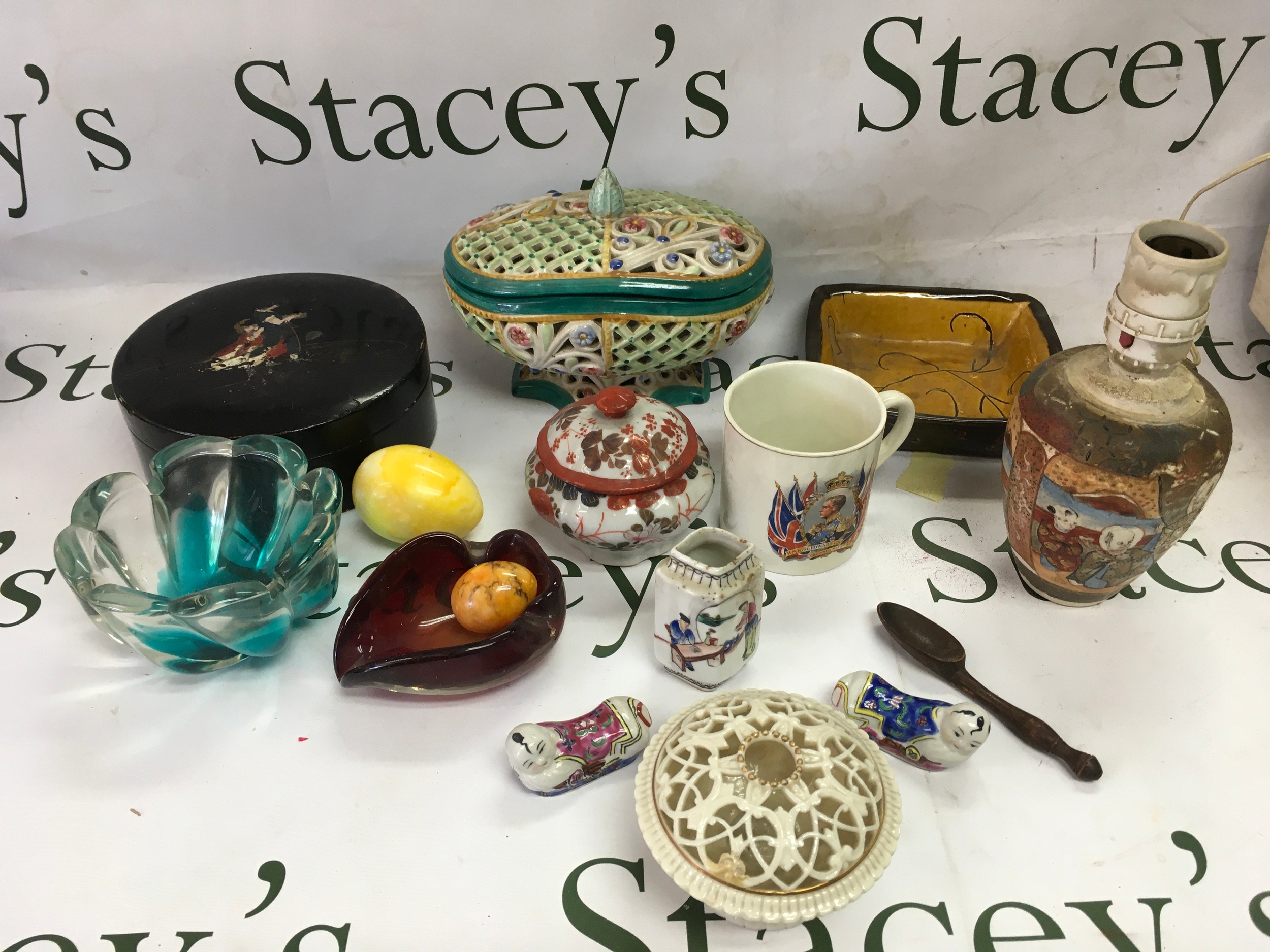 Qty ceramics and glass to include reticulated items oriental and art glass.