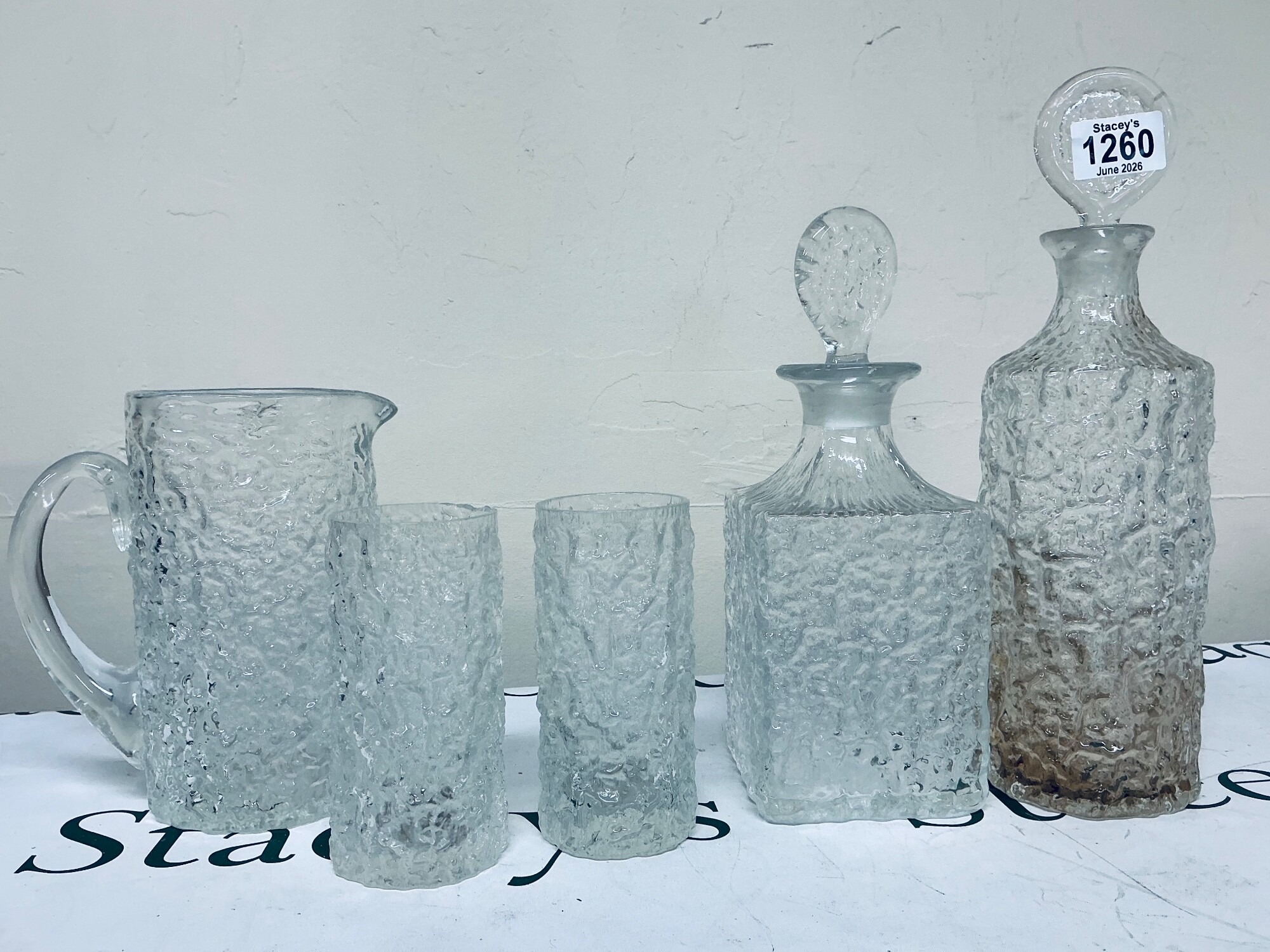 vintage mid-century textured glass decanter with stopper, bark/ice finish, c.1960s-1970s.European/British make(whitefriars), clear glass.