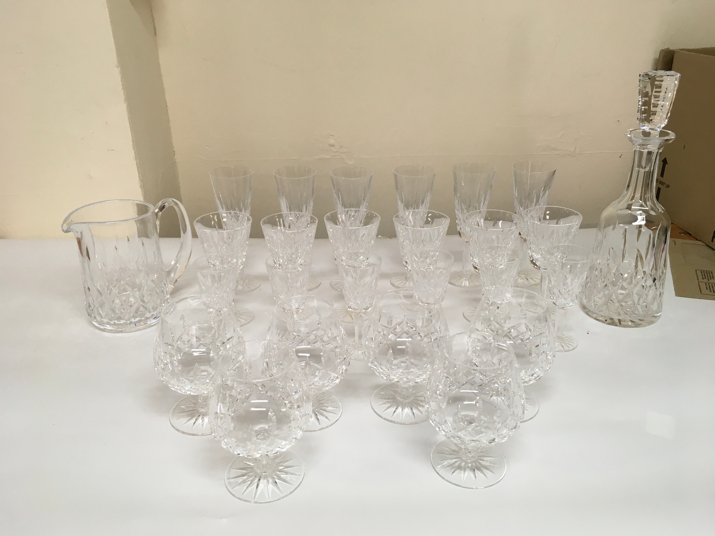 Waterford Crystal set of Lissmore to inc sets of six glasses, Sherry, wine, brandy etc and a water jug and a decanter.