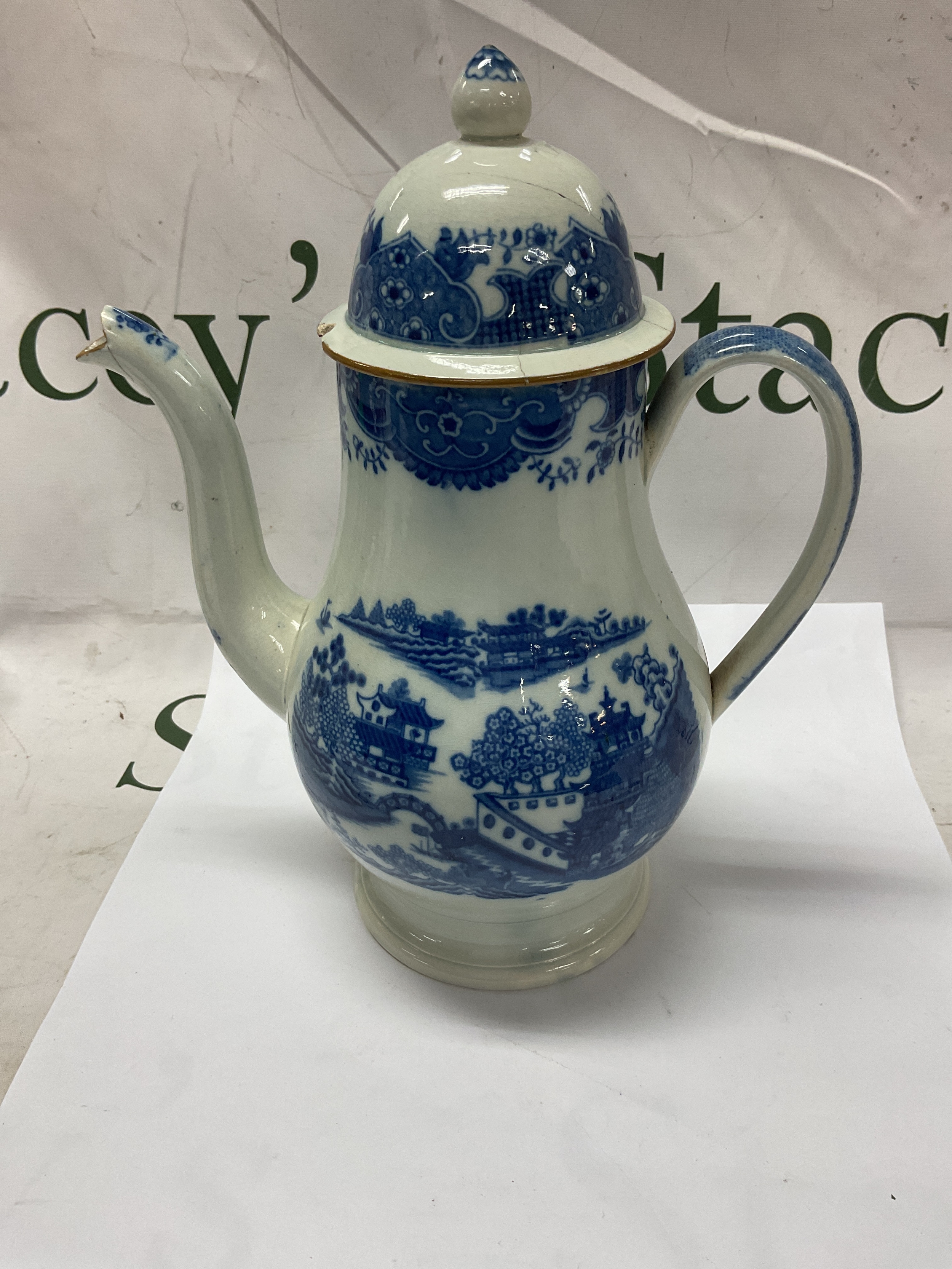 18th C Wedgwood Queens Ware Cream Ware teapot. Losses and cracks to the lid, minor chip to the base and repair to the spout. 27 cm high.