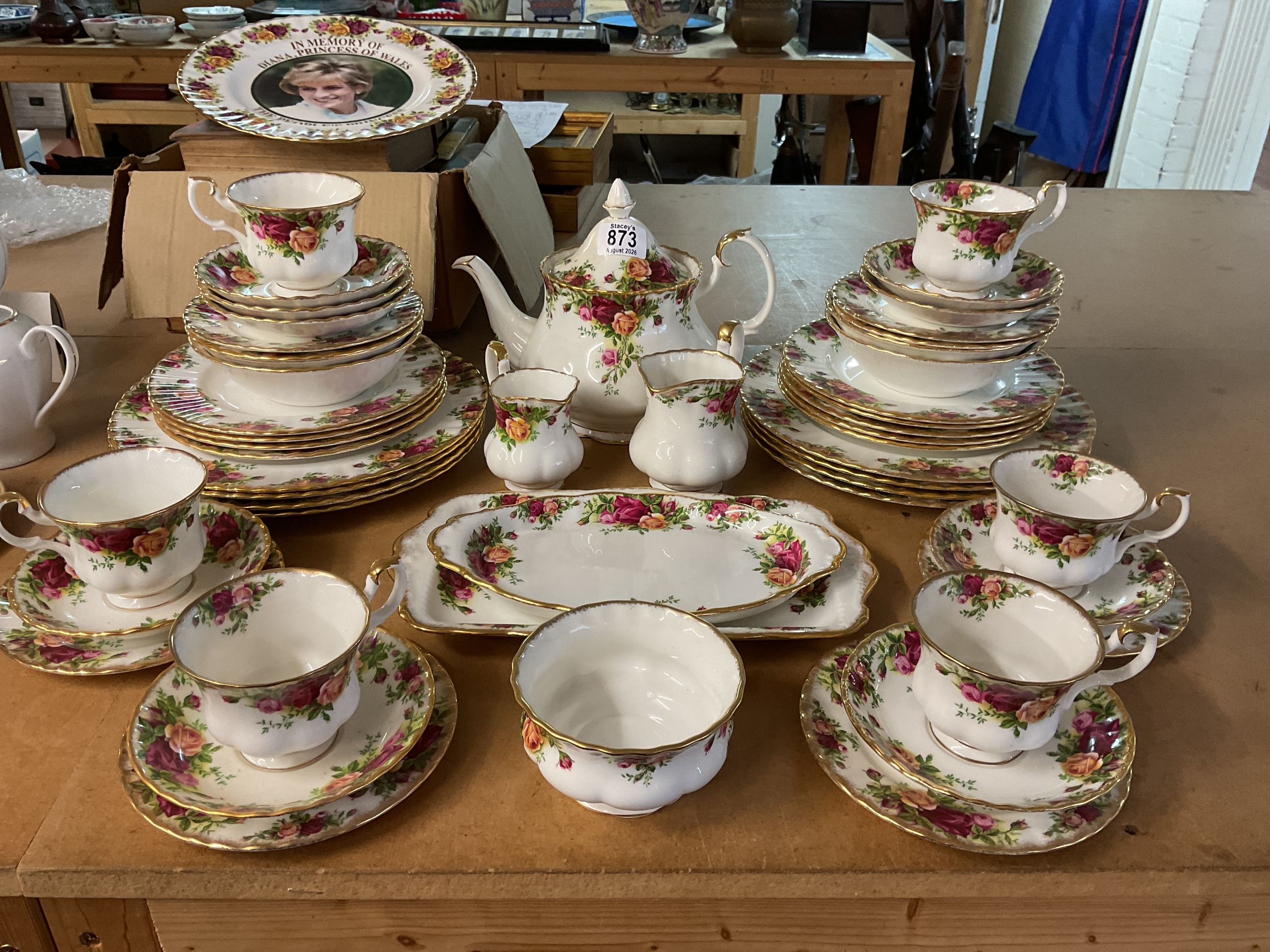 Qty of Royal Albert Country Roses, tea set , six cups and saucers, part dinner service with eight settings.