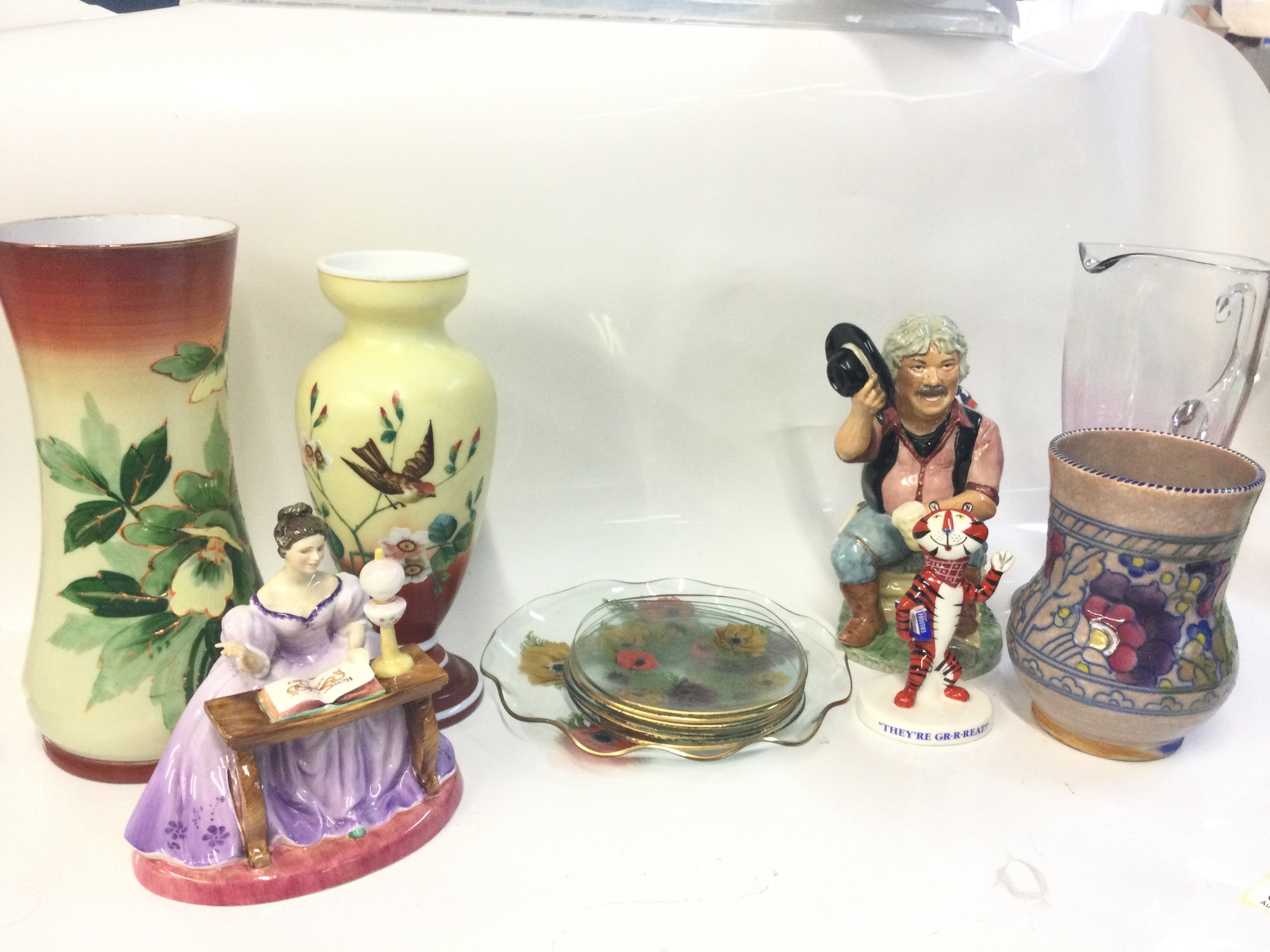 A collection of ceramics Peggy Davies Fanny Kemble figure, Pilkington Chance "Poppy / Anemone" glass set, Royal Doulton Tony the Tiger limited edition of 1500 figure, Peggy Davies ceramics Maurice Wideman colour trial for decorating sample only character jug (hairline crack at base)