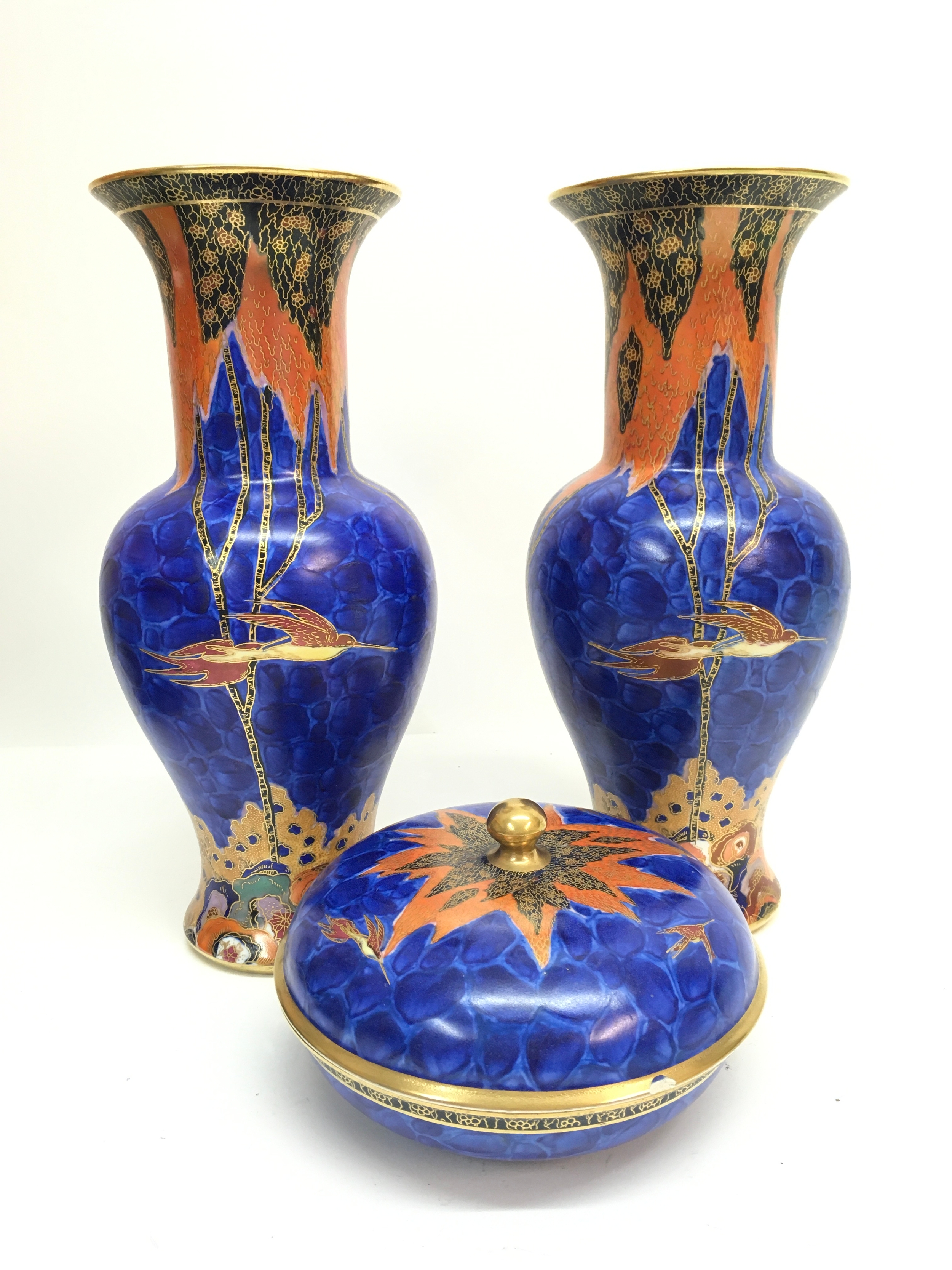A pair of Tree and Swallow Carlton vases (28cm tall) and a lidded dish (16cm wide), some slight restoration 